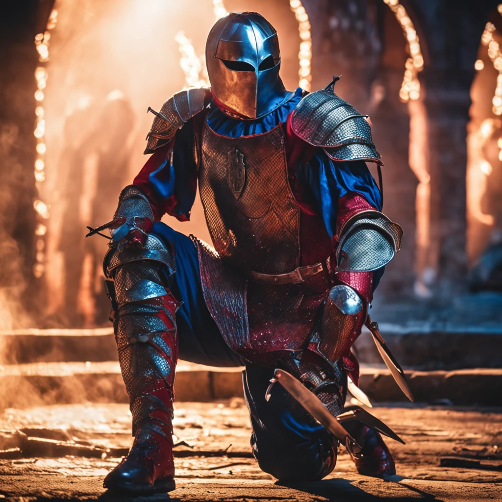 Admire the magical spider - man, who served as a medieval themed knight., A complete set of red and blue sparkling armor, intricate details, Depicted in combat poses, holds a spear, Medieval town in the background, Photorealistic, dramatic lighting, beautifully color-graded, 8K resolution, Shot on a Canon EOS C70 RF24-105mm lens