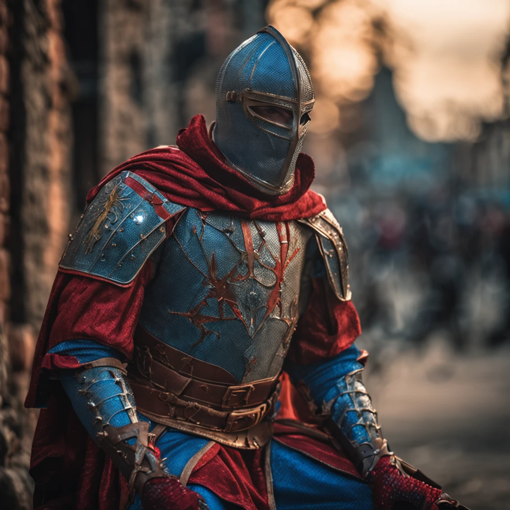 Admire the magical spider - man, who served as a medieval themed knight., A complete set of red and blue sparkling armor, intricate details, Depicted in combat poses, holds a spear, Medieval town in the background, Photorealistic, dramatic lighting, beautifully color-graded, 8K resolution, Shot on a Canon EOS C70 RF24-105mm lens