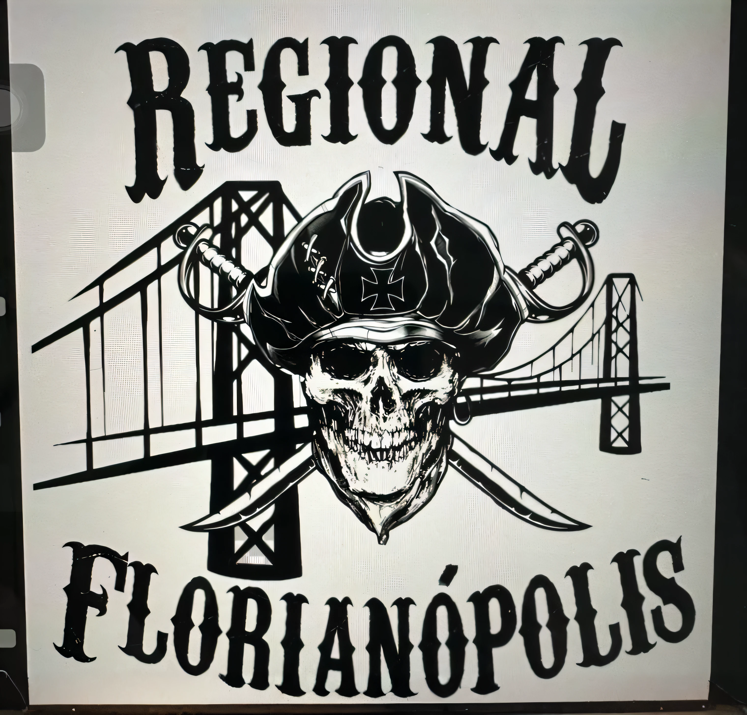 There is a sign that says Florinópolis Regional with a skull and a pirate hat, Sf, official print, design de patch de ombro, floralpunk, Detalhes de Floro, Alex Flores, logotipo pirata, skull design for a rock band, Arte RGP, arte promocional, arte oficial, Jajaboonords Flipjimtots, proporcional