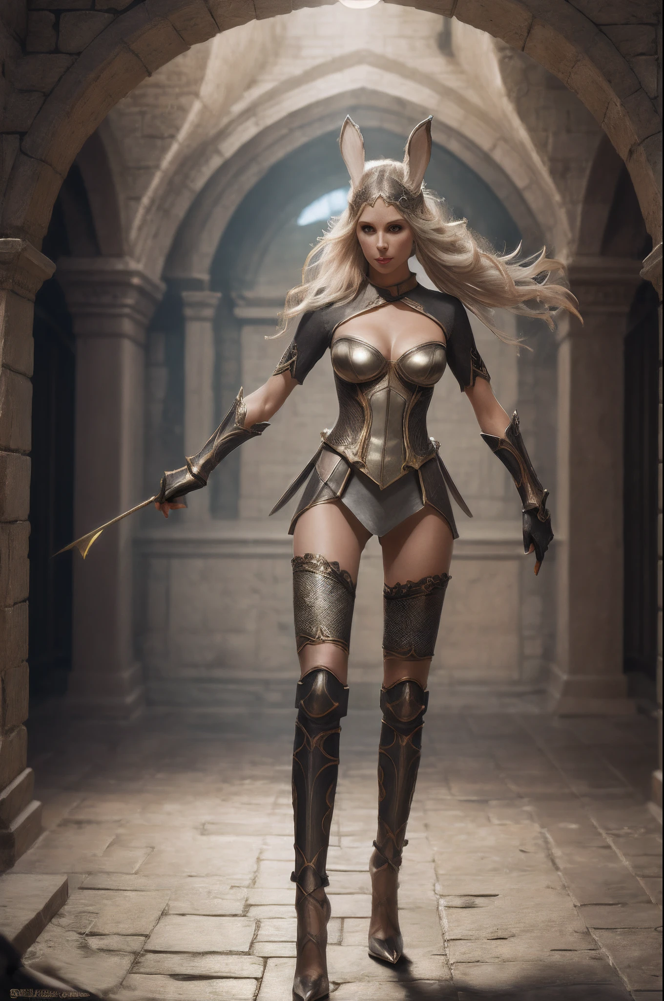 Design a layout showcase Gaming character, a Elf Knight. Golden+Purle clothes, stylish and unique, detailed magic bow, (masterpiece:1.2), (best quality), 4k, ultra-detailed, (dynamic composition:1.4), Step by step design, layout art, (luminous lighting, atmospheric lighting), Final Fantasy style, magican, ((glove full hands)), fran, viera, (((revealing clothes:1.3))), vambraces, armored legwear, high heels