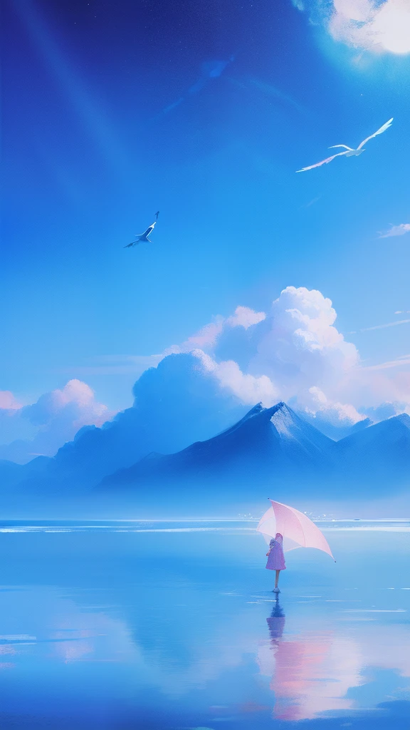 themoon,(((girl))),(Inside the clouds),((((Fly to the sea)))),in pink,blue colors,cyan colors,A flock of birds
