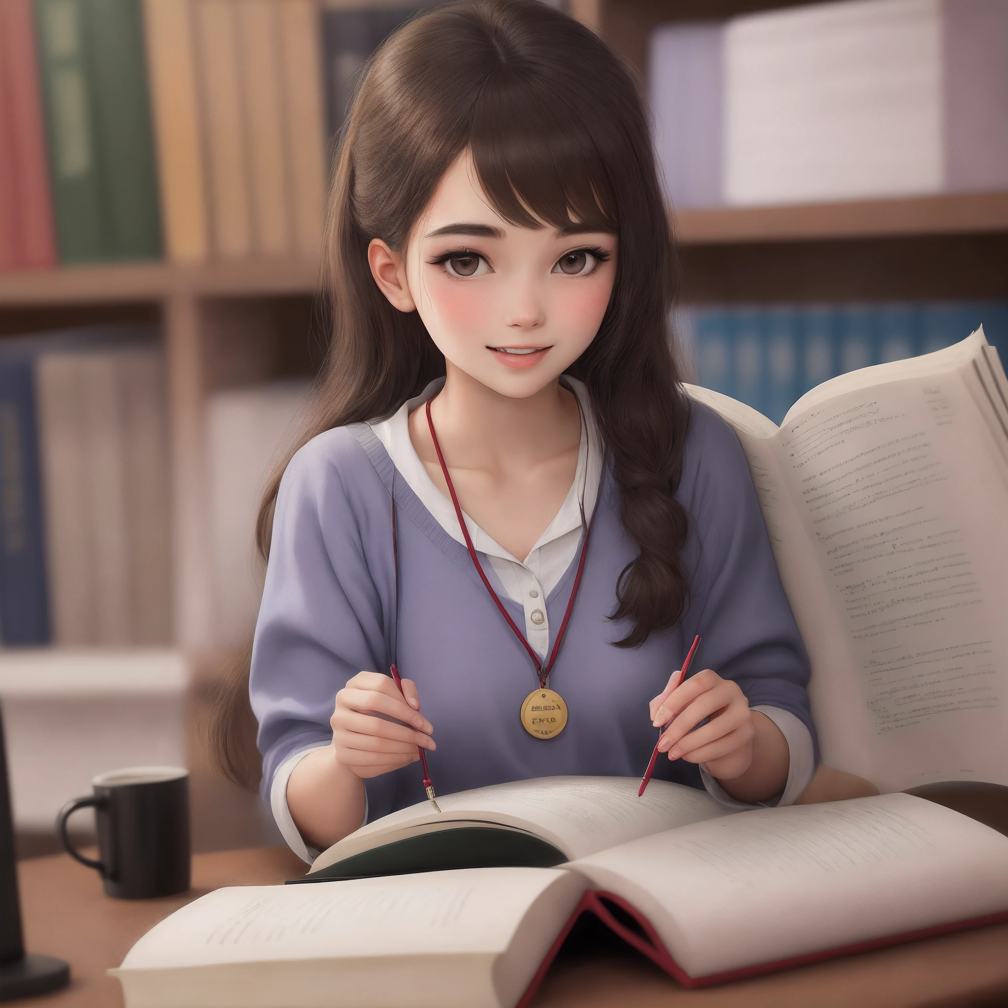 Realistic drawing of a 1 young woman, extremely beautiful, dark brown hair tied in two braids, very blue eyes, with a blue sweatshirt with a collar and a grey skirt, in a school library, reading a book, sitting on the floor, realistic drawing