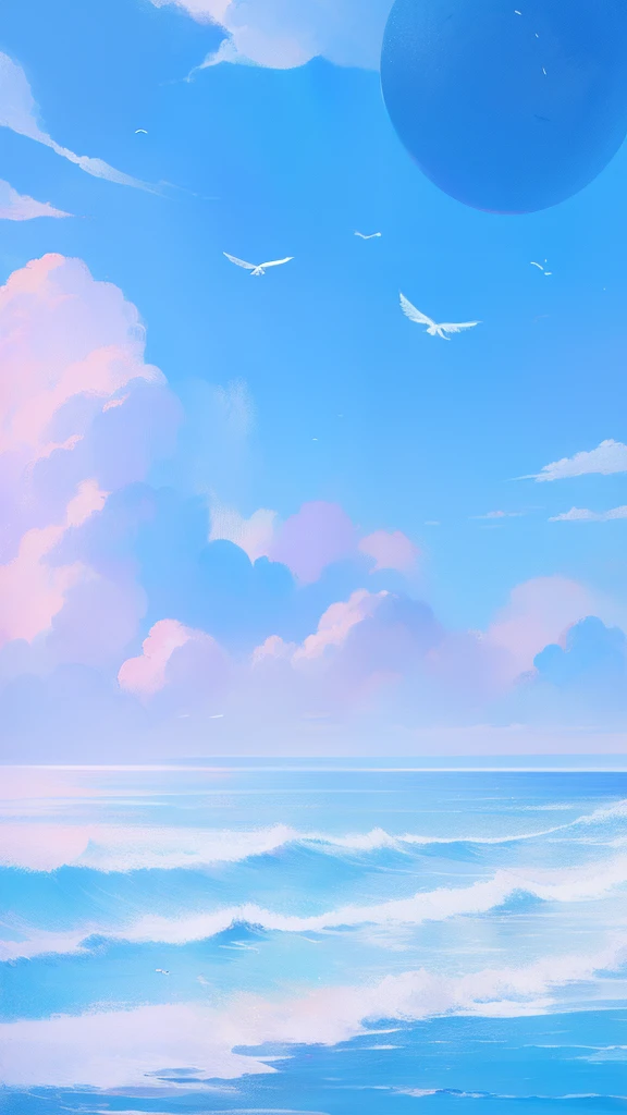 themoon,(((girl))),(Inside the clouds),((((Fly to the sea)))),in pink,blue colors,cyan colors,A flock of birds