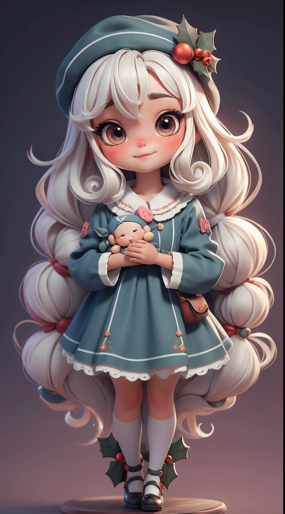 Create a series of loli chibi style dolls with a cute Christmas theme, each with lots of detail and in an 8K resolution. All dolls should follow the same solid background pattern and be complete in the image, mostrando o (corpo inteiro, incluindo as pernas: 1.5)

Boneca Natal: Chame-a de Bella. Ela deve ter cabelo curto em tons natalinos. Seus olhos devem ser grandes e brilhantes, with long eyelashes and rosy cheeks. Bella deve estar vestida com um vestido delicado e longo, com detalhe estampado e saia longa rodada. She must wear a hat and have Christmas accessories. Don't forget the details, com detalhes coloridos e enfeites encantadores, sapato bonito

Certifique-se de adicionar sombras, texturas e detalhes nos cabelos, roupas, Cute accessories of each doll, to make them even more adorable and charming.