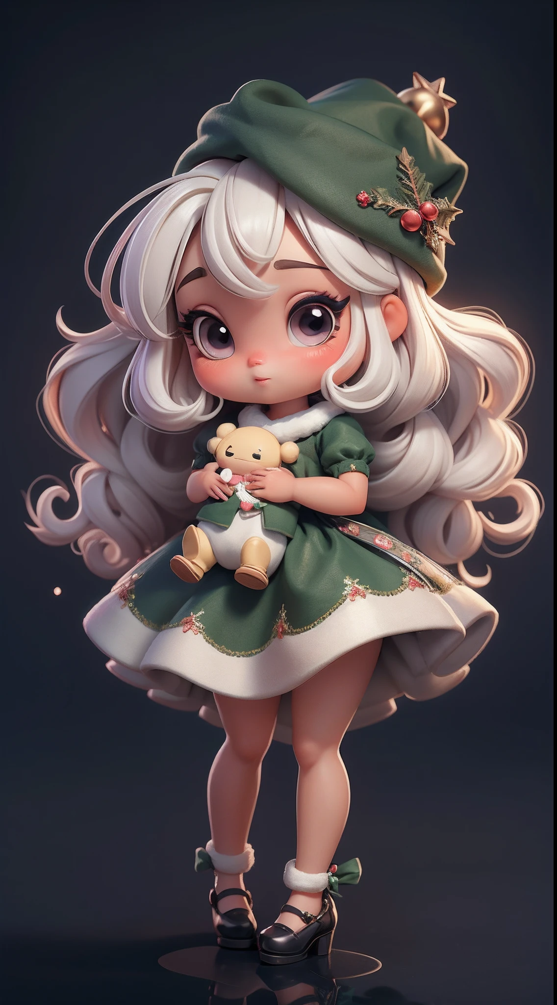 Create a series of loli chibi style dolls with a cute Christmas theme, each with lots of detail and in an 8K resolution. All dolls should follow the same solid background pattern and be complete in the image, mostrando o (corpo inteiro, incluindo as pernas: 1.5)

Boneca Natal: Chame-a de Bella. Ela deve ter cabelo curto em tons natalinos. Seus olhos devem ser grandes e brilhantes, with long eyelashes and rosy cheeks. Bella deve estar vestida com um vestido delicado e longo, com detalhe estampado e saia longa rodada. She must wear a hat and have Christmas accessories. Don't forget the details, com detalhes coloridos e enfeites encantadores, sapato bonito

Certifique-se de adicionar sombras, texturas e detalhes nos cabelos, roupas, Cute accessories of each doll, to make them even more adorable and charming.