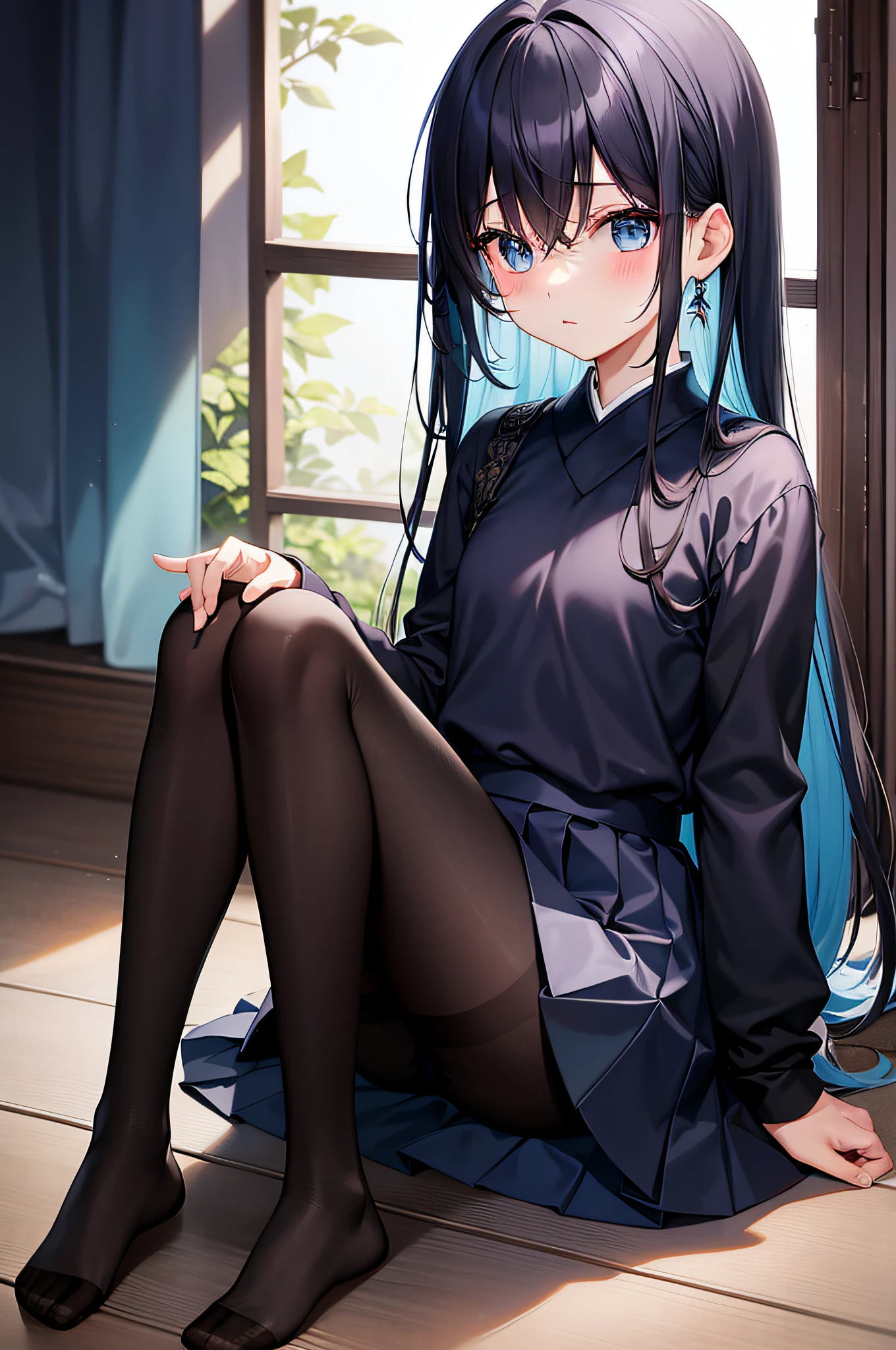 tmasterpiece、Need、Highest high resolution、Japanese high school girl、Petite、Small chest、Dark blue top、a black pleated skirt、The slender legs are wearing dark black pantyhose、No shoes、ccurateblack hair、Long straight hair, Turquoise blue eyes