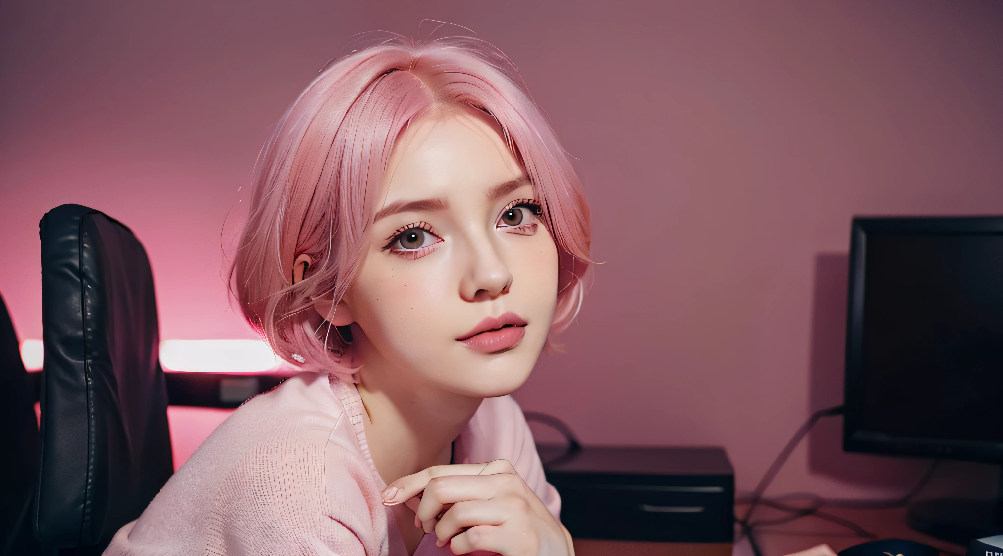 photo of a cute woman behind a desk , in a gaming room , cute girl , confident look, with short pink hair, jovana rikalo, full subject shown in photo, professional image , medium portrait, wide portrait, young business woman, color portrait, with pink hair, high quality portrait , aleksandra waliszewska
