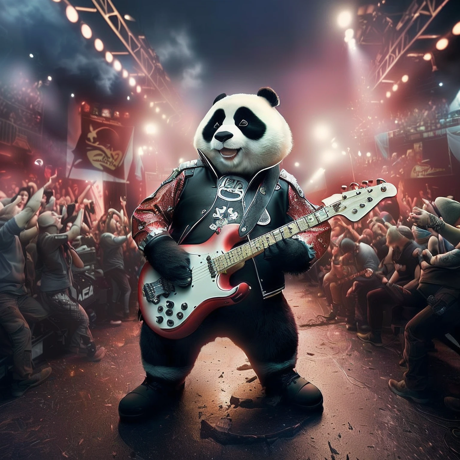 Panda playing guitar at a crowded concert,The fifth anniversary luminous metal sign is behind you,crowd of, Rabbits at a metal concert, panda panda panda, rocking out, wojtek fus, Fan composition, Panda, promotional render, Kung Fu Panda, Album art, Rock band, 3D model of Chinese mascot, best on adobe stock, promo art, photoreal epic composition