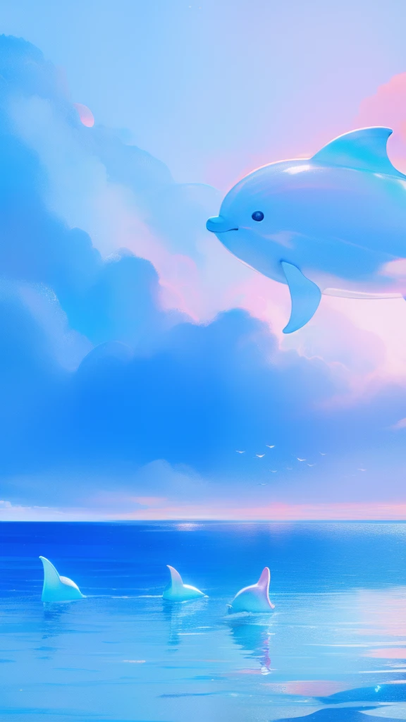 themoon,(((girl))),(Inside the clouds),((((Fly to the sea)))),in pink,blue colors,cyan colors,(((dolphins)))
