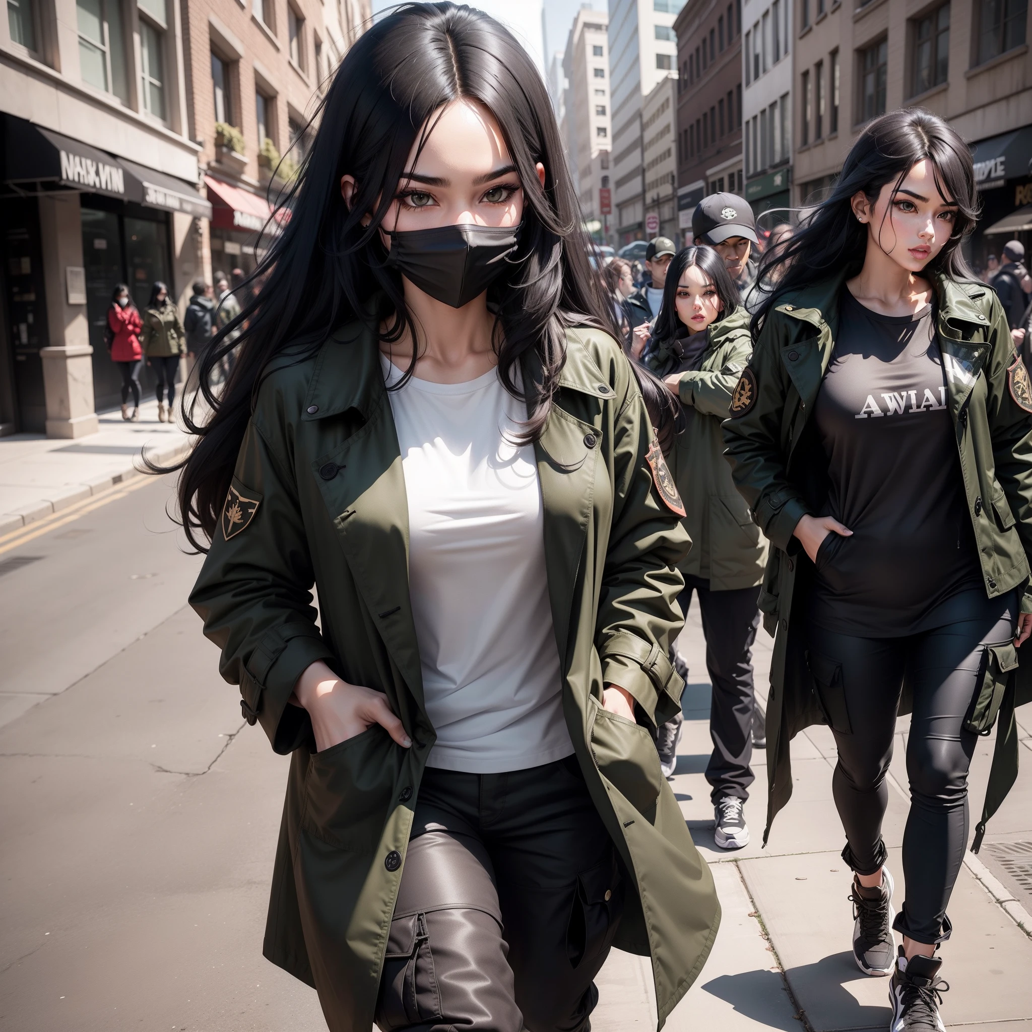 "Sexy woman with long black hair wearing a black mouth mask, donning an olive green trench coat, a brown t-shirt, camo cargo pants, and white sneakers."