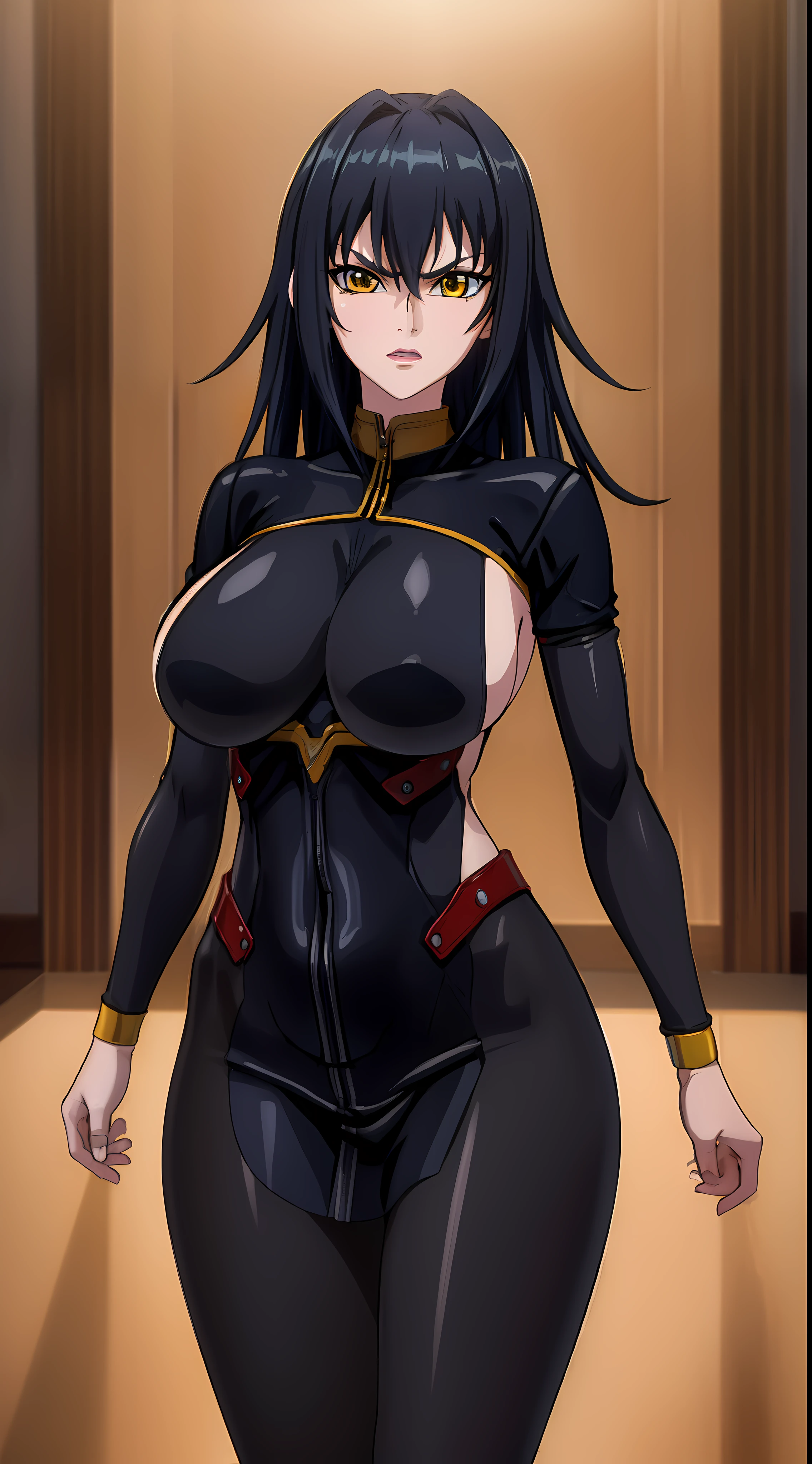 professional artwork, Intricate Details, sharp focus, detailed painting, photorealistic lighting, trending on pixiv, Standing at attention, ((black outfit ,yellow collared shirt,black and red bodysuit,skin_tight,black legwear, black pantyhose, Side_boob)), (((fully suited:1.5))) black hair,very long hair, Bangs,yellow eyes,makeup, lipstick, 40yo,mature female,Beautiful Finger,Beautiful long legs,Beautiful body,Beautiful Nose,Beautiful character design, perfect eyes detail, perfect face, looking at viewer,official art,extremely detailed CG unity, perfect lighting,Colorful, Bright_Front_face_Lighting, (masterpiece:1.0),(best_quality:1.0), ultra high res,ultra-detailed, photography, 8K, HDR, highres, absurdres:1.2, Kodak portra 400, film grain, blurry background, bokeh:1.2, lens flare, (vibrant_color:1.2) (Beautiful,large_Breasts:1.4), (beautiful_face:1.5),(narrow_waist), (solo:1.4), ((cowboy shot:1.4)), annerose:1, (angry, pretty, yandere:1),