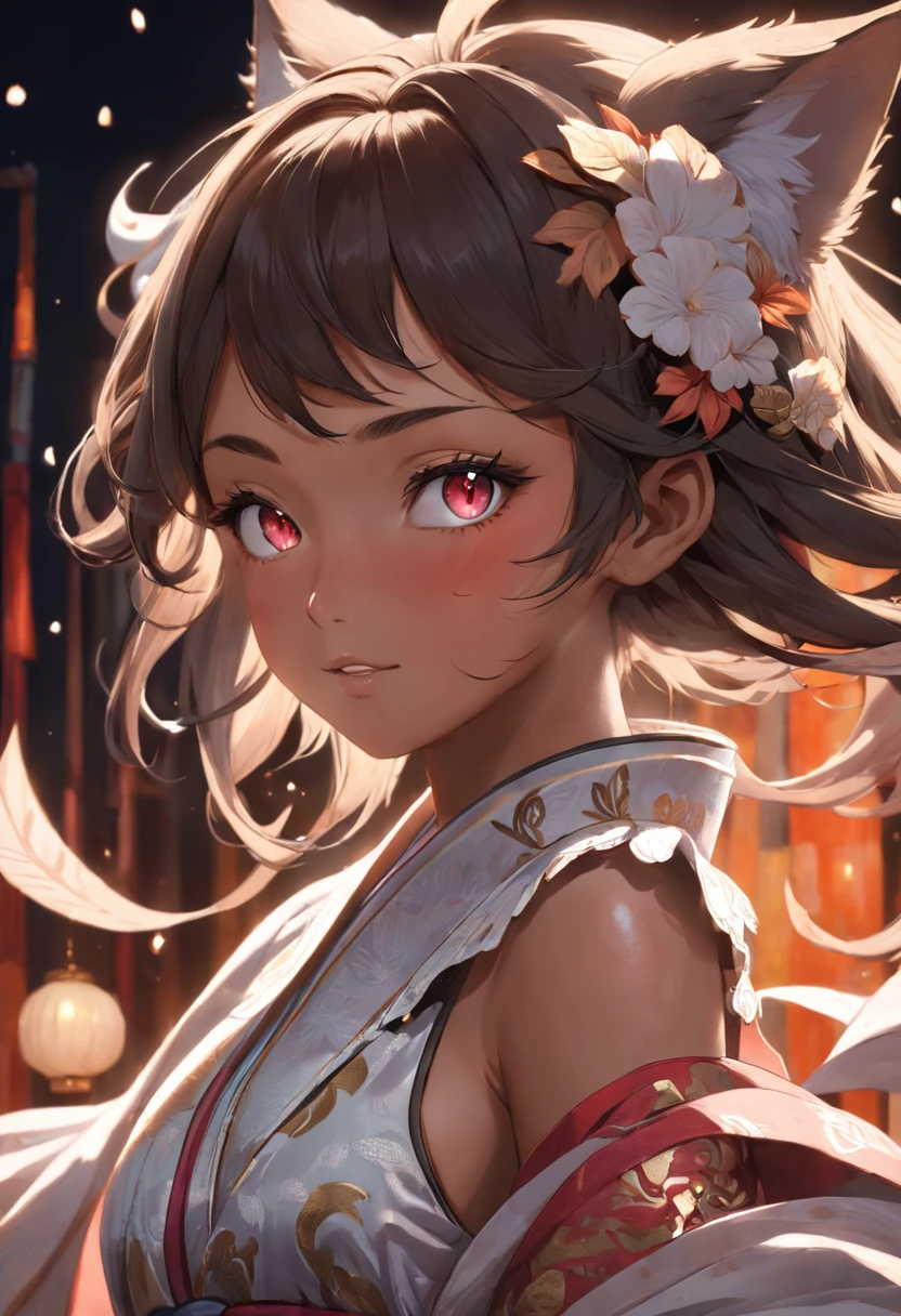 kitsune the japan, black woman on the right side, extremely detailed eyes and face, beautiful detailed nose, beautiful detailed eyes, light on face, looking at viewer, (1 female, mature face), realistic face, full lips, captivating smile, realistic body, (RAW photo, best quality), (realistic, photorealistic: 1.3), masterpiece, extremely beautiful, extremely detailed, CG, unity, 4k wallpaper, amazing, fine details, extremely detailed 8k CG unity wallpaper, size huge archival, ultra-detailed, high resolution, absurdities, soft light, wet dress, big round ass,