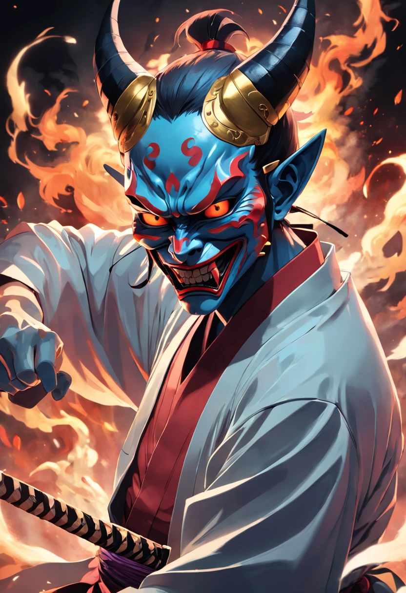 Hannya mask style of 0mib, illustrator, masterpiece, high quality, 8k, high resolution, high detailed, Japanese, samurai