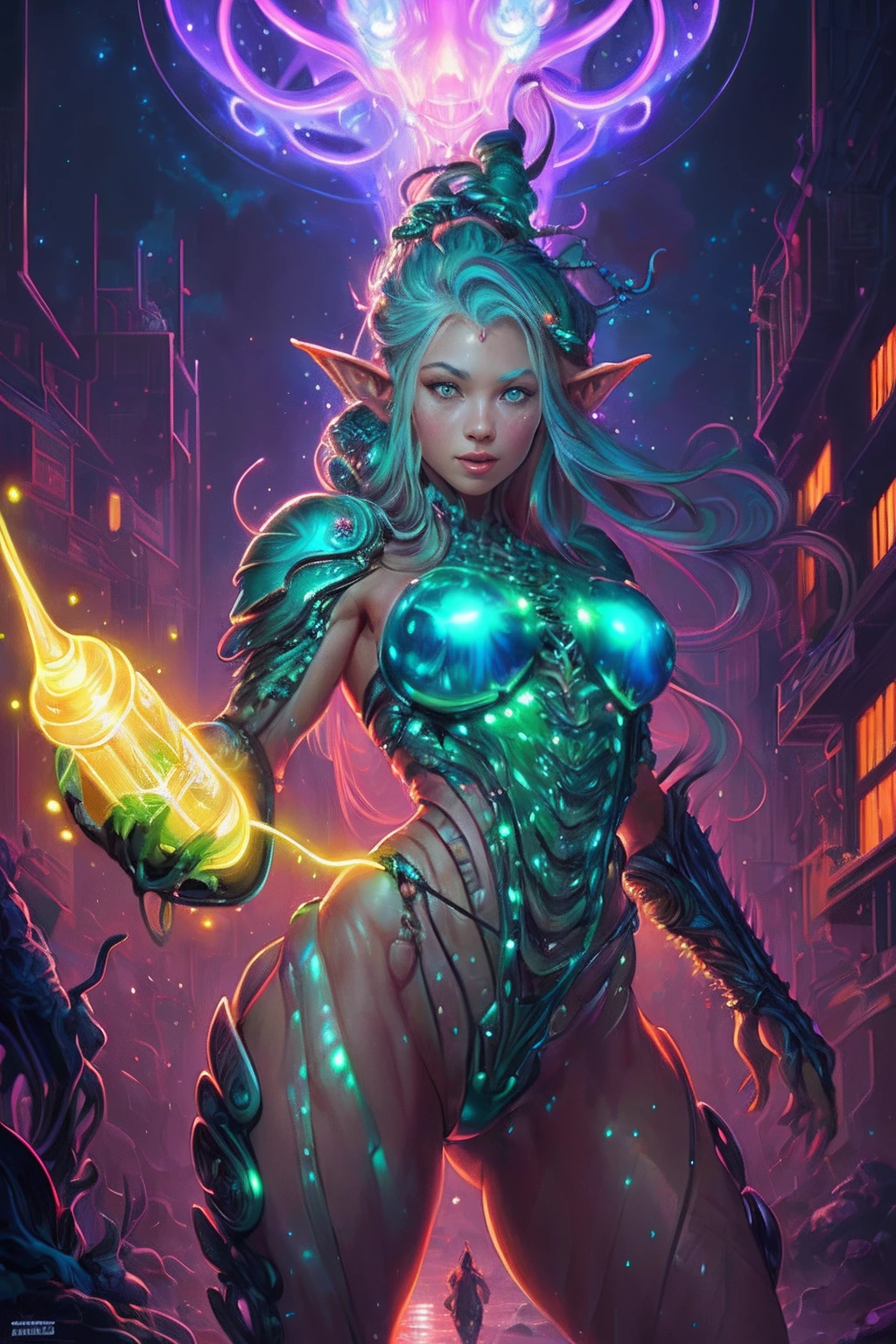 Amazing anatomy, (beautiful female Elf Biopunk), cowboy shot, shiny skin, dynamic pose, biopunk city background, (slimy, organic, glistening, bioluminescence), (64k ultra hd:1.1), (art by apterus, art by dan mumford, art by lovecraft:1.2), best quality, cgsociety, trending on ArtStation.