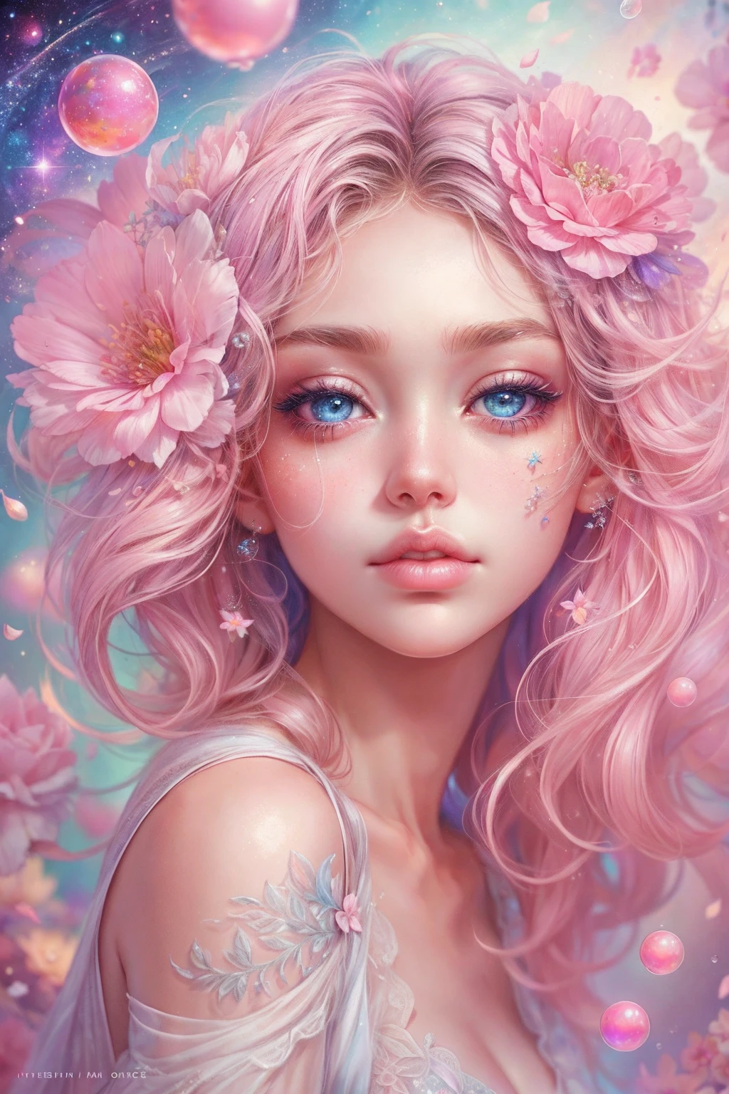 ((masterpiece)). This artwork is sweet, dreamy and ethereal, with soft pink watercolor hues and candy accents. Generate a delicate and demure English fae exploring a (bubblegum world with a wide variety of pastel shades). Her sweet face is extremely detailed and realistic with elegant features and a sweet and subtle expression and looks like ((Gigi Hadid)). Include mature features, puffy lips, and stunning, highly realistic eyes. Her eyes are important and should be realistic, highly detailed, and beautiful. In high definition and detail, include lots of details like stars, galaxies, colorful bubbles, colorful petals, and lots of energy and emotion! The stars and colorful bubblegum bubbles are important! Include fantasy details, enhanced details, iridescence, colorful glittering wind, and pollen. Pay special attention to her face and make sure it is beautifully and realistically detailed. The image should be dreamy and ethereal.8k, intricate, elegant, highly detailed, majestic, digital photography