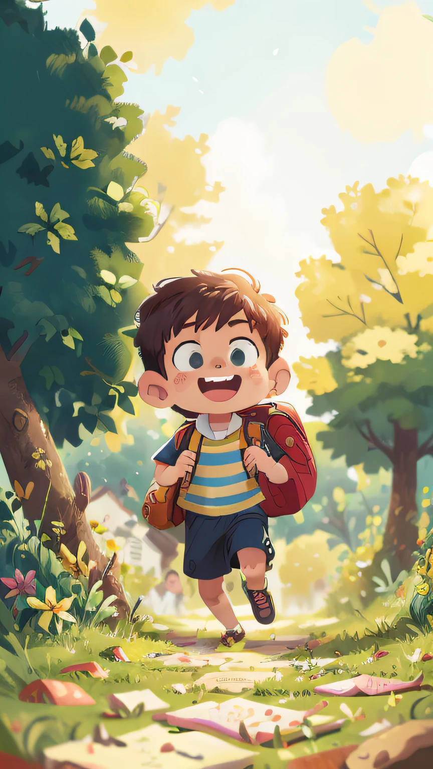 A boy running in front of him with a school bag,School meadow,cheerfulness,Rejoice,Perfect quality,Clear focus(Clutter - home:0.8), (tmasterpiece:1.2) (realisticlying:1.2) (Bokeh) (best qualtiy) (detailedskin:1.3) (complexdetails) (8K) (detailedeyes) (Sharp focus),(having fun),ultra-low perspective,Wide angle lens --v