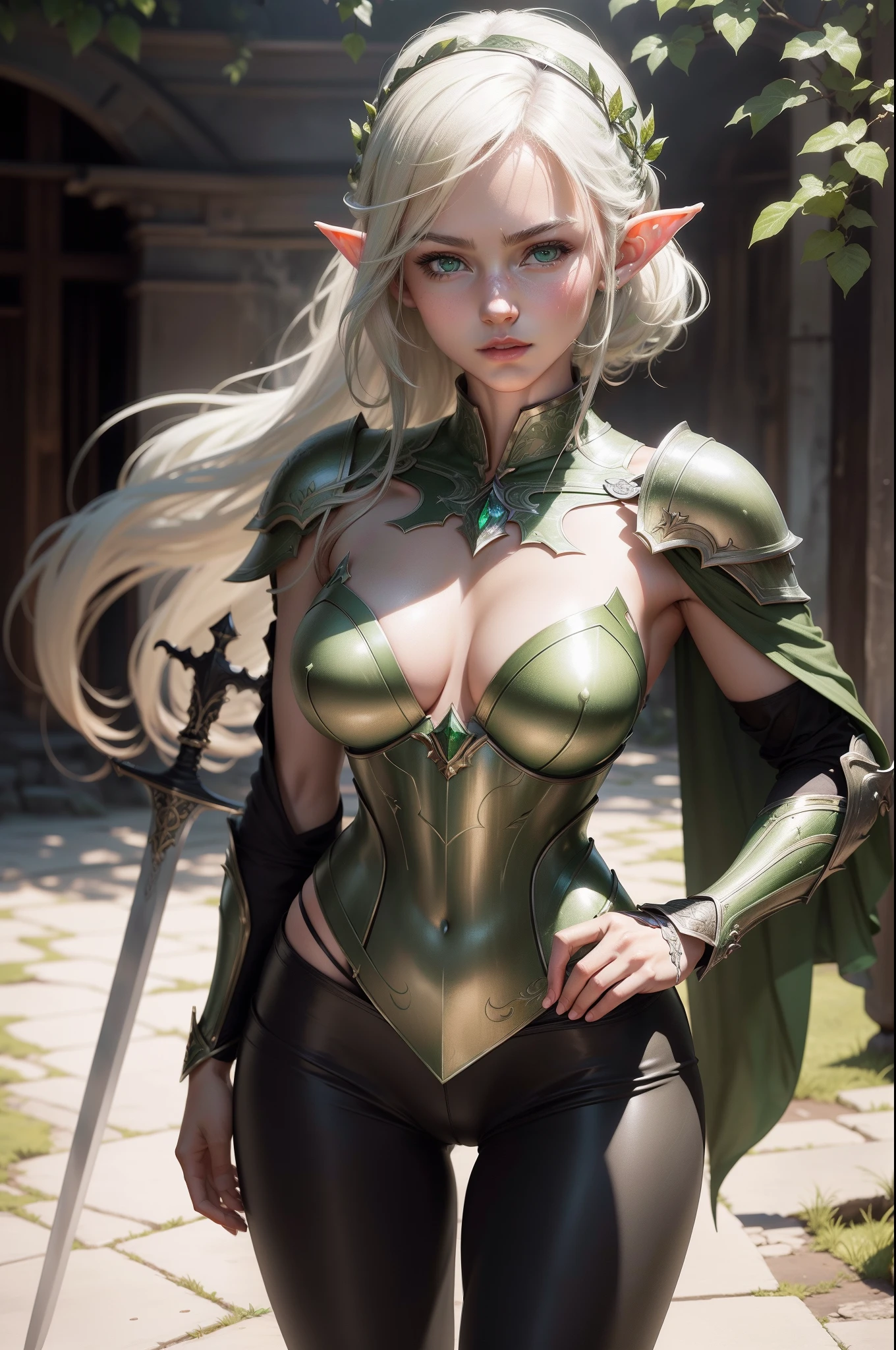 8K,Photorealsitic　Raw photography　top-quality;1.4) 1girl in) Super beauty　(Lifelike face) (masutepiece, Best Quality, Photorealistic, hight resolution, Photography, :1.3), Very close-up shot, Sharp Focus, 1 Blonde Short Bob Girl, European Elf Girl, hotmodel, Highly detailed eyes and pupils, Realistic skin, Slim body shape, the presence of cleavage in the small breasts, very detail hair,muscular body　 Delicate sexy face, Organoleptic gas, shiny lips, ((Green and white armor)), 　muscular slender lower body　Black pants and armor　Hold a big sword　plein air, ((Realistic, Super realistic, Realism, realistic detail))　enticing　超A high resolution　A hyper-realistic　beautiful expression　(real looking skin)　elf-ears　Cast a seductive gaze　Green and white cloak