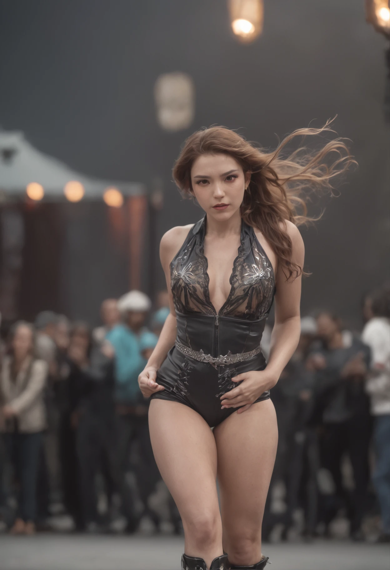 Estrella de rock femenina mostrando su pecho frente a una multitud, cuero, tacones altos, lingirie, hermosa, radiante, plano medio, desenfoque de movimiento