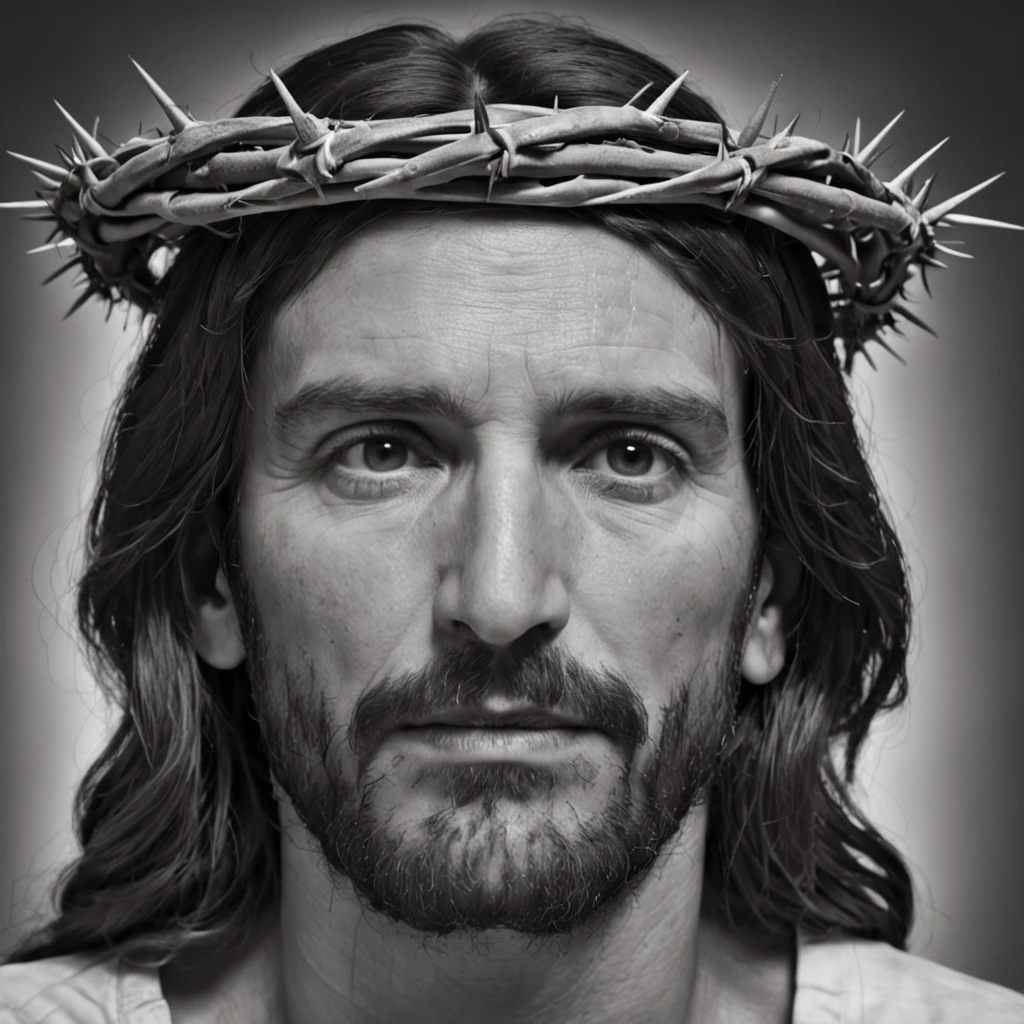 Portrait of the face of Jesus crucified with a crown of thorns on his head full of wounds