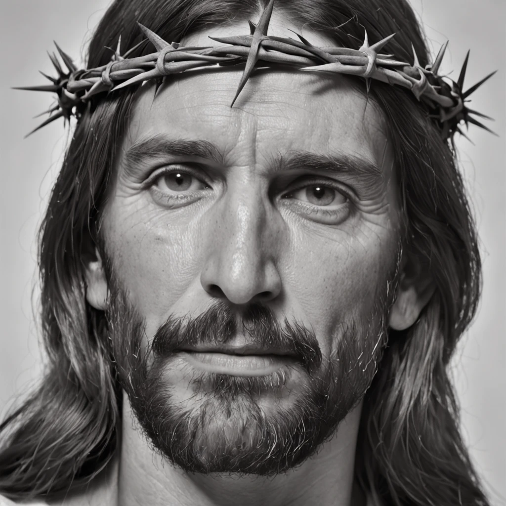a black and white photo of a man with a crown of thorns on his head, Jesus Cristo, ✏️🎨, coroa de espinhos, arte renascentista hiper realismo, Directed by: Jan Kupecky, Retrato de Jesus Cristo, Belas artes altamente detalhadas, incredibly detailed oil painting, hiper-realista altamente intrincado, Directed by: Cristofano Allori, Jesus