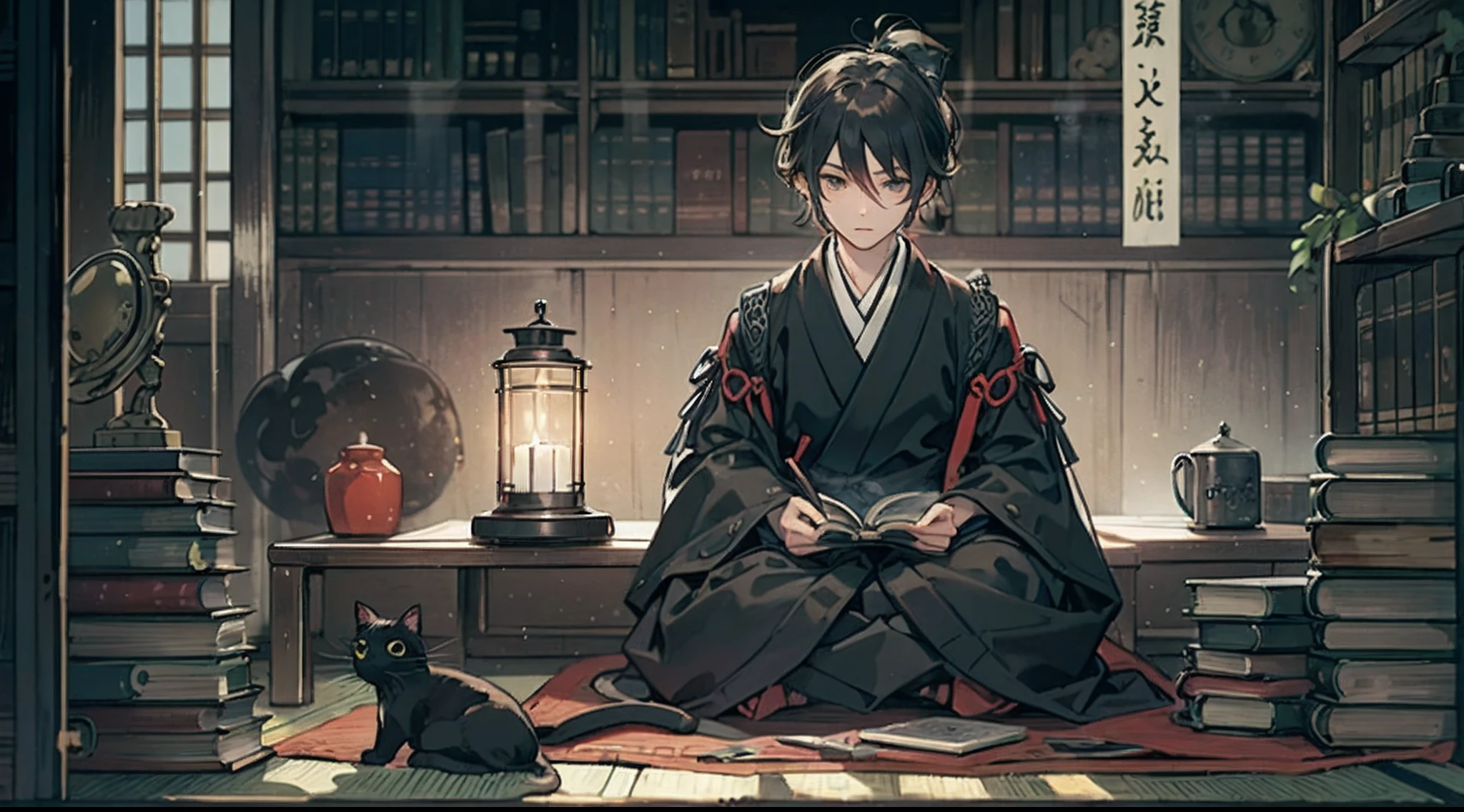 #Quality (intricate-detail、ultra-detailliert:1.2,Masterpiece),
#night sky (darkness of night,no light),
#one writing boy (16 male、Honor Students、A dark-haired、short-hair、hakama,sit flat),
#black room at night (no light,black cat,wooden low table,one candle,pretty tatami,a lot of books,bookshelf)