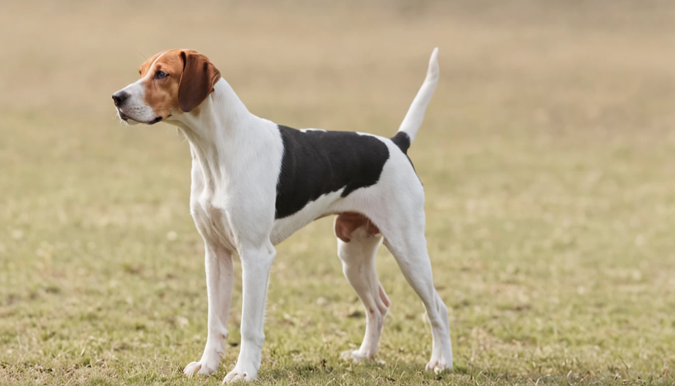American Foxhound dog, single body, Perfil, lado, collor White Black & Tan