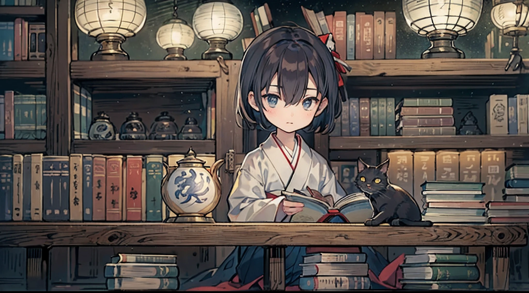 #Quality (intricate-detail、ultra-detailliert:1.2,Masterpiece),
#night sky (darkness of night,no light),
#one writing boy (16 male、Honor Students、A dark-haired、short-hair、hakama,sit flat),
#black room at night (no light,black cat,wooden low table,one candle,pretty tatami,a lot of books,bookshelf)