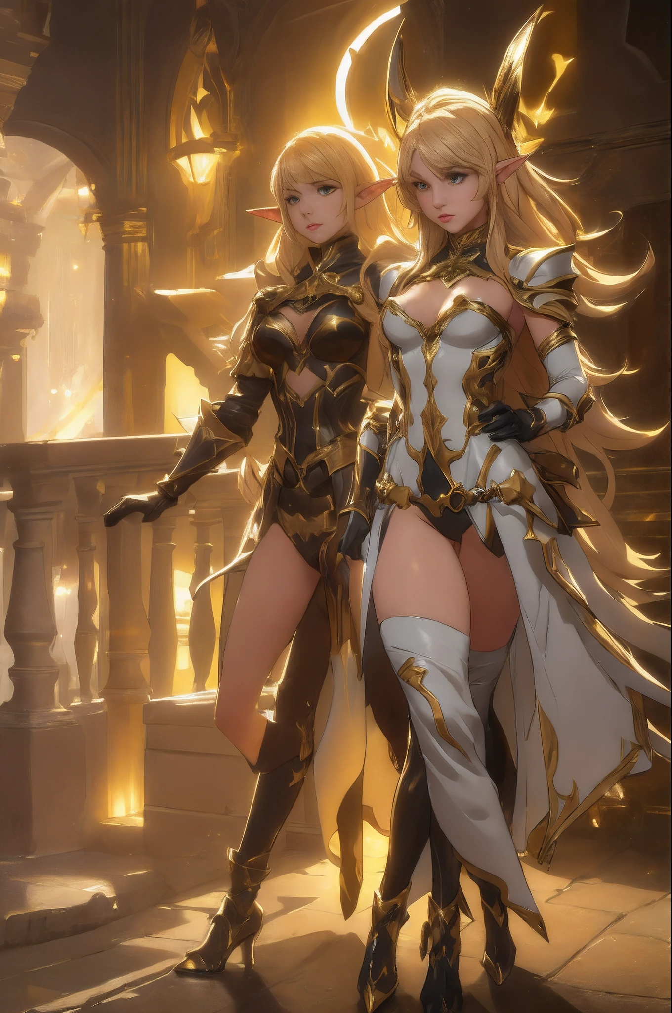 Design a layout showcase Gaming character, a Elf Knight. Golden+Purle clothes, stylish and unique, detailed magic bow, (masterpiece:1.2), (best quality), 4k, ultra-detailed, (dynamic composition:1.4), Step by step design, layout art, (luminous lighting, atmospheric lighting), Final Fantasy style, magican, ((glove full hands)), fran, viera, (((revealing clothes:1.3))), vambraces, armored legwear, high heels