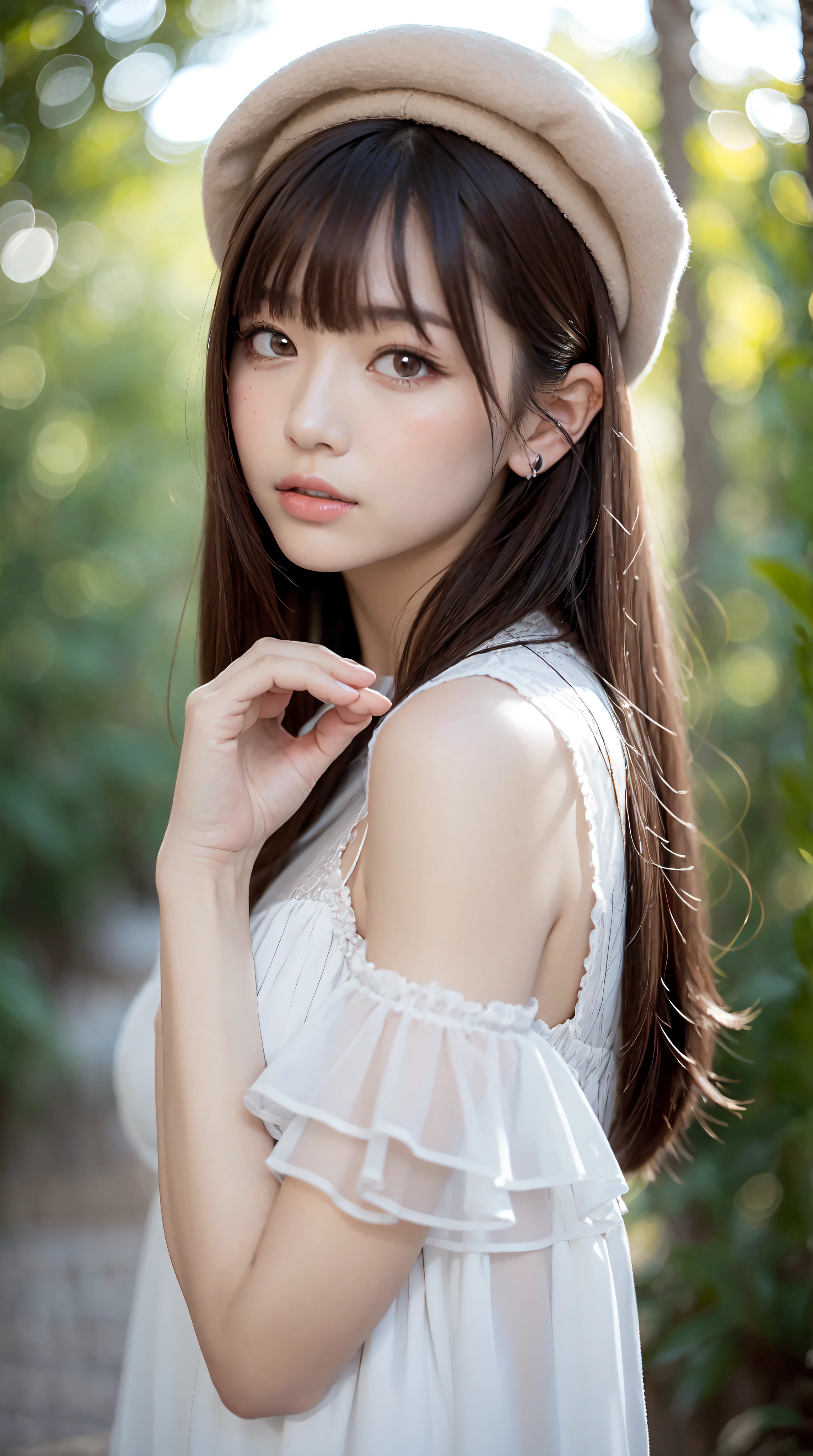 1womanl, up of face, mideum breasts, light brown hair, Blunt bangs, hair behind ear, hair over shoulder, Long hair, slender body shape, Ultra Fine Face, Thin face, Delicate lips, Beautiful eyes, thin blush, eyes are light brown, perfect glossy skin, flawless skin, Glistening sweat,View here, Ultra-thin hands, Ultra-fine fingers, best ratio four finger and one thumb, (realisitic:1.3), Finger Extensions, See-through white blouse. White beret,, Broad-leaved forest, One-person viewpoint, Fuji Film, F/1.2, 8K, masutepiece, nffsw, Super Detail, High quality, Best Quality, hight resolution,