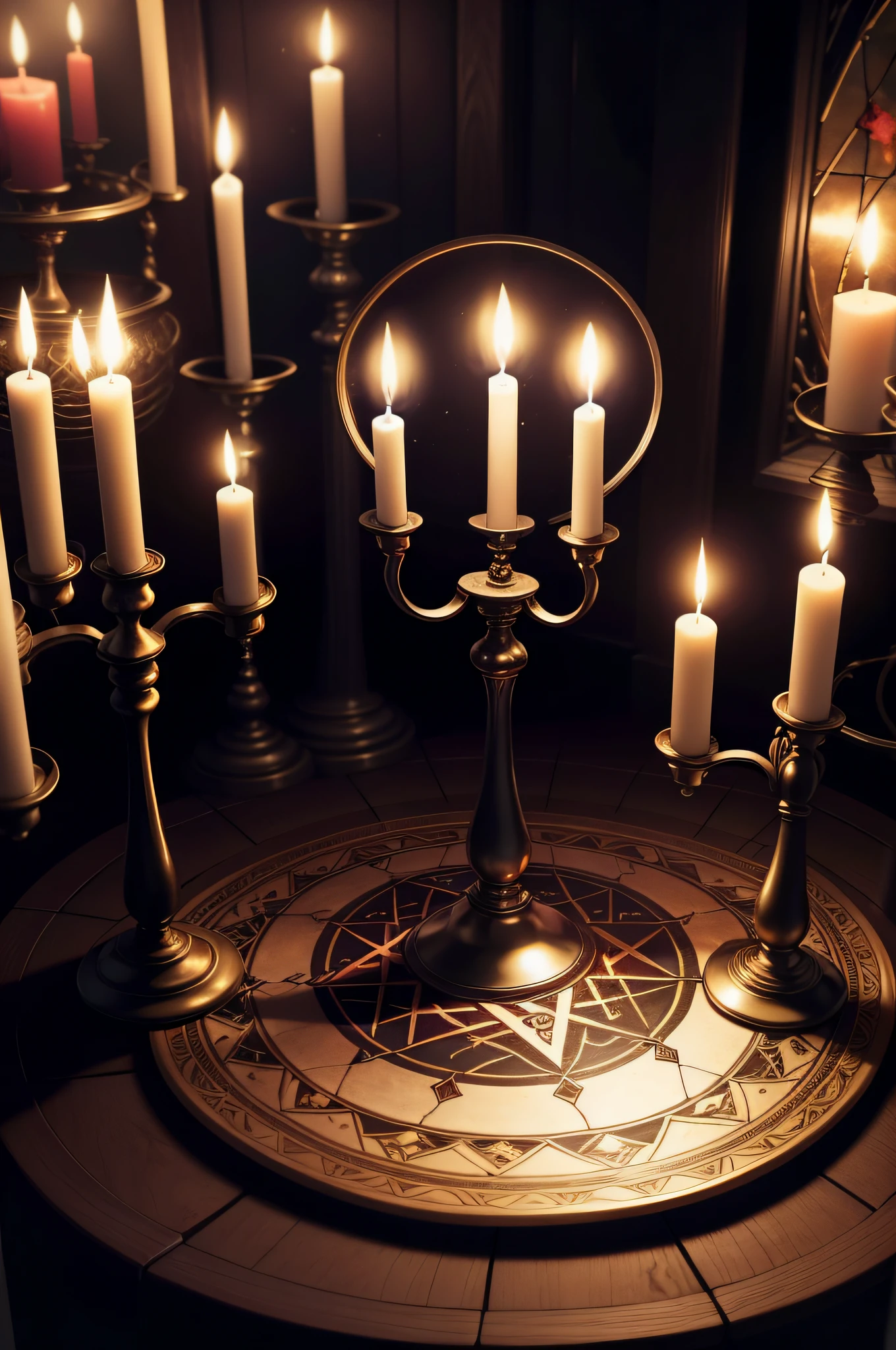 Candles are lit on tables with stained glass and decorative plates, home wicca scene, Displayed on the altar, holy flame spell, Pagan mysticism, casting a protection spell, Occult ritual gatherings, Sacrificial altar, demonic magic ritual, The great secret of the Arcana Palace, chaos magic, Mysterious alchemy, summoning circle, Mysterious rituals, casting spells