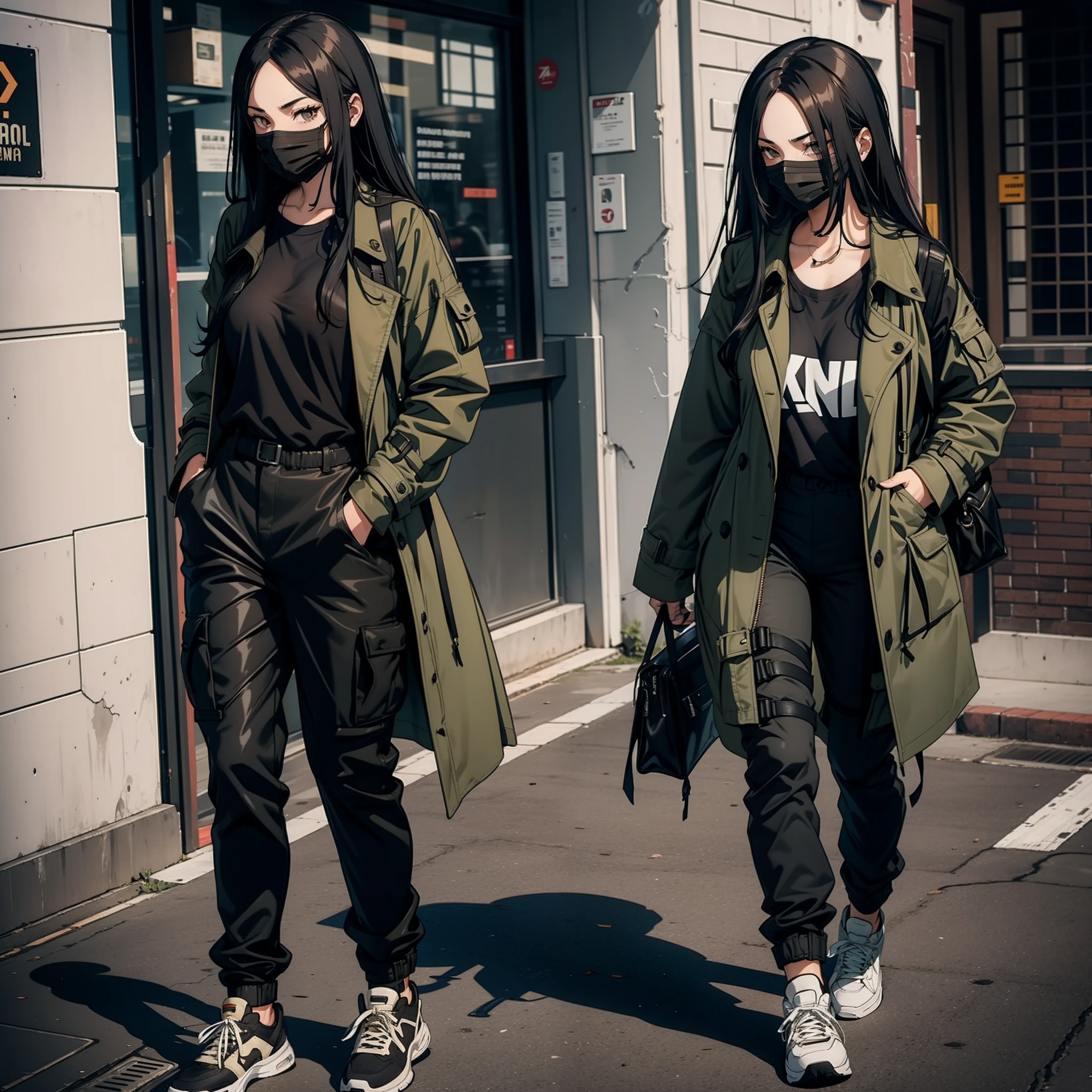 "Sexy woman with long black hair wearing a black mouth mask, donning an olive green trench coat, a brown t-shirt, camo cargo pants, and white sneakers."