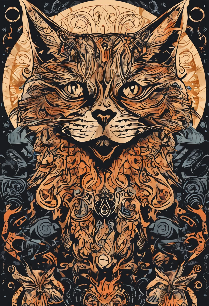 Gato preto, fofo, desenho, olhos fofos, alta qualidade, foto opaca, estilo desenho em quadrinhos, with flames and esoteric symbols all around
