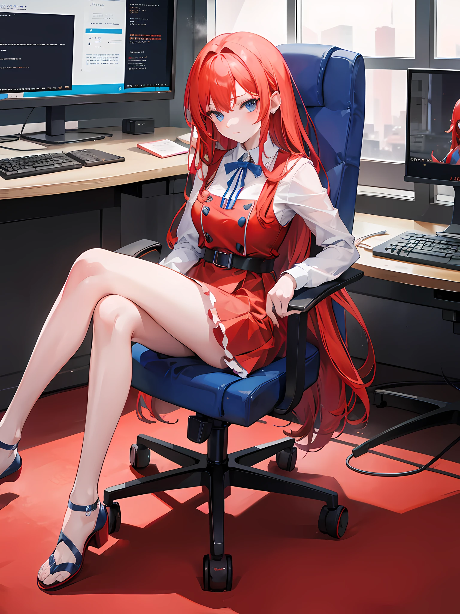 1 girl, long ginger hair, one blue and one red, wearing red dress, gaming chair, absurdres, high res, ultrasharp, 8K, masterpiece, looking at viewer