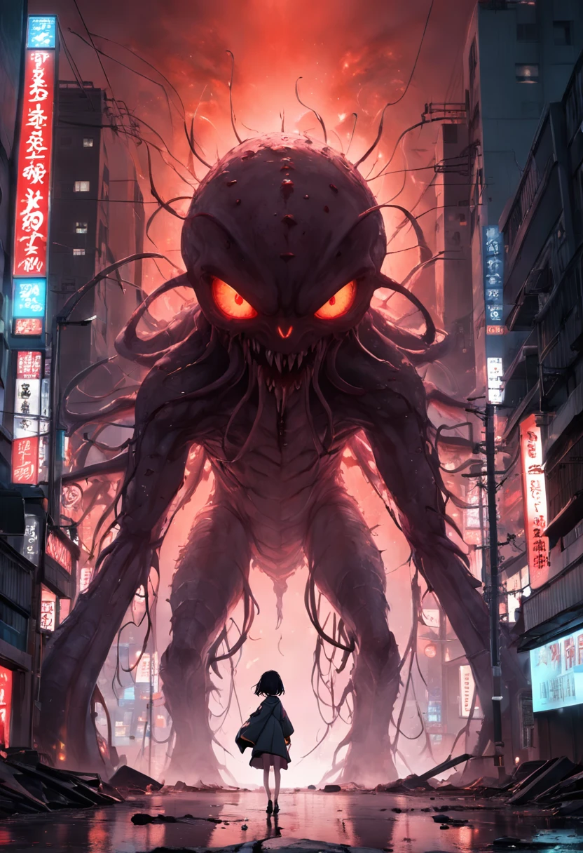 Best quality, Masterpiece, Ultra-high resolution, Super huge and ferocious monster(Turtlen),Hidden in thick fog,Realisticstyle,Terrifying atmosphere,Bloody red eyes, Broken streets, Broken cities, The ground is covered with gravel, Billboard for broken octopus carcasses, Japan Invaders, Tokyo Landmark,Desperate doomsday,8K, A cinematic scene, From a top-down perspective (light and shadow effect),(Depth of field effect),(Tyndall),(Light particle tracking),(CG),(Horror movie lighting visuals),(voluminetric lighting),(Bright colors)