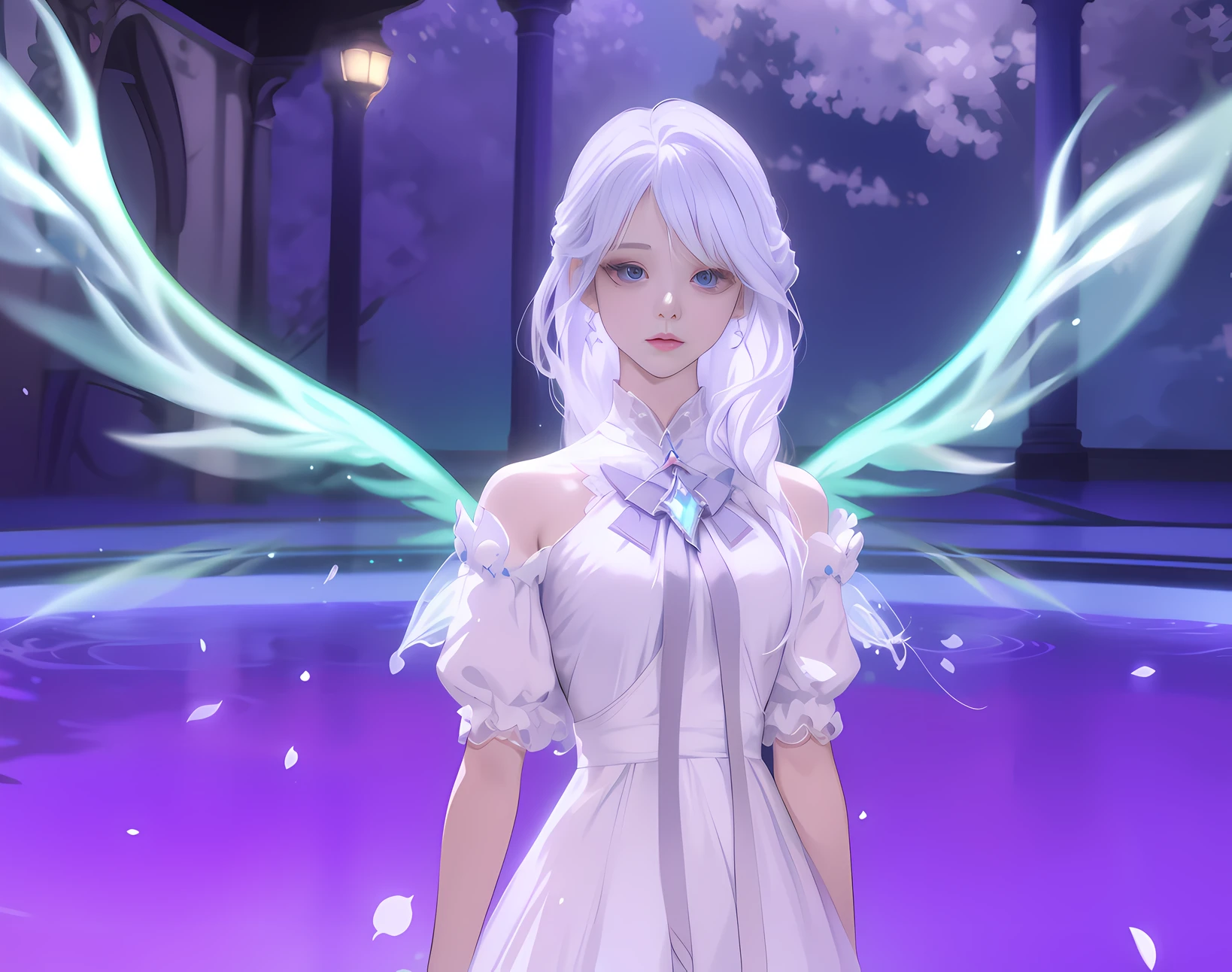 In the pool stood a woman in a dress, ethereal wings, aion, ethereal aura, ethereal essence, astral fairy, angelic purity, white glowing aura, ingame image, glowing angelic being, ethereal hair, cotton cloud mage robes, Ethereal!!!!!!!, ethereal skin, Angelic, Angelic wings, a stunning young ethereal figure, (Ethereal)
