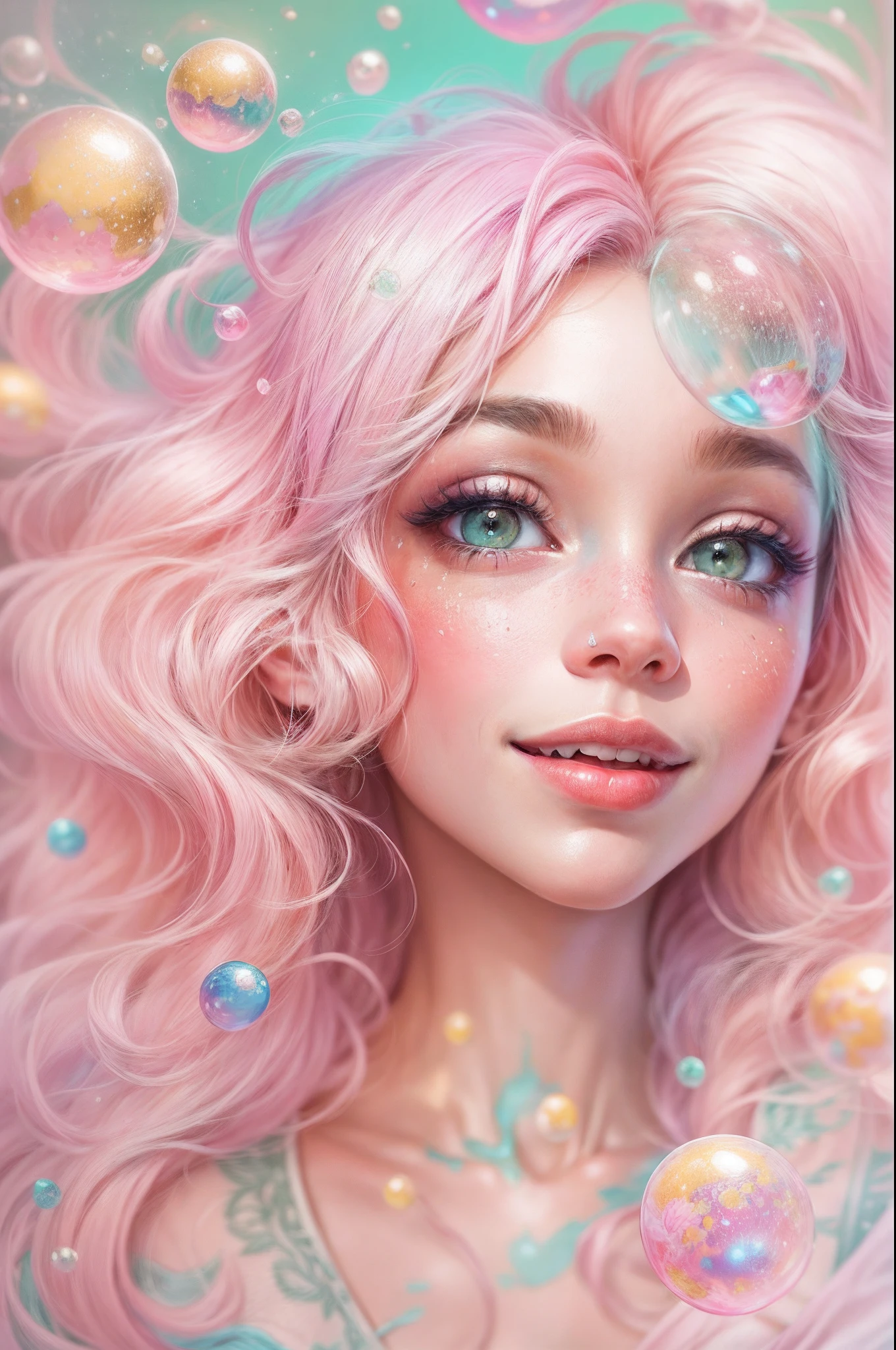 ((masterpiece)). This artwork is sweet, dreamy, and ethereal, with soft pink watercolor hues and lots of ornate cotton candy accents. Generate a delicate and demure fae exploring a (bubblegum world with a wide variety of pastel shades). Her sweet face is extremely detailed and realistic with elegant features, a perfect mouth with puffy kissable lips, and looks like ((((a fancy Micarah Tewers smiling)))). Her lips are a uniform pink hue. Include mature features and stunning, highly realistic eyes. Her eyes are important and should be realistic, highly detailed, and beautiful. In high definition and detail, include lots of details like stars, galaxies, colorful bubbles, colorful petals, dripping shimmering paint, iridescence, and lots of energy and emotion. The stars and colorful bubblegum bubbles are important! Include fantasy details, enhanced details, iridescence, colorful glittering wind, and pollen. Pay special attention to her face and make sure it is beautifully and realistically detailed. Camera: This art is dreamy and ethereal and the camera should emphasize those traits. Create something that is shockingly beautiful with fairy hues. Utilize dynamic composition techniques.