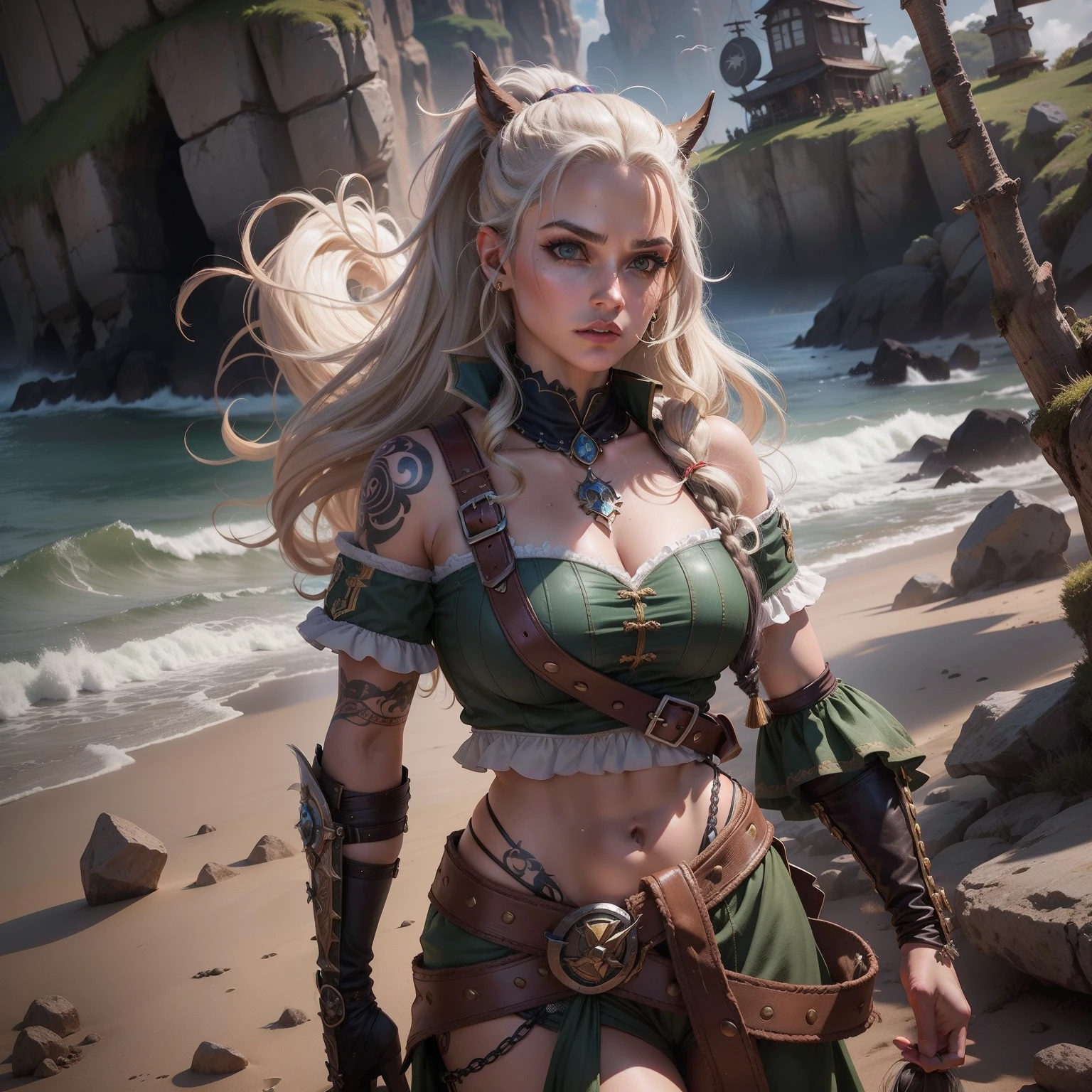 (((Masterpiece artwork, maximum quality, best qualityer, offcial art, beautiful and aesthetic:1.2))), (((1 girl, standing alone, Astrid))), (((Long yellowish blonde hair with braids))), (((extremely detaild))), (((portraite))), (((gazing at viewer))), (((complete body:0.7))), (((Detailed background of a Viking village))), (((up close))), (((mischievous eyes, naughty face, seducing smile))), (((soft))), (((uncanny))), (((walking))), (((revealing))), (((wearing viking clothes))), ((((Giant tits, dragao na scale bikini top)))), (((Waist slender, Slim Hips, Legs long))).