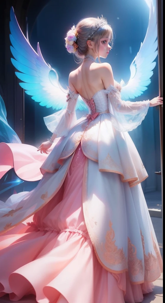 Girl，Carry it on your back，Beautiful princess dress，2 pairs of wings on the back，Transparent princess dress，Excellent figure,Shoulder and above image