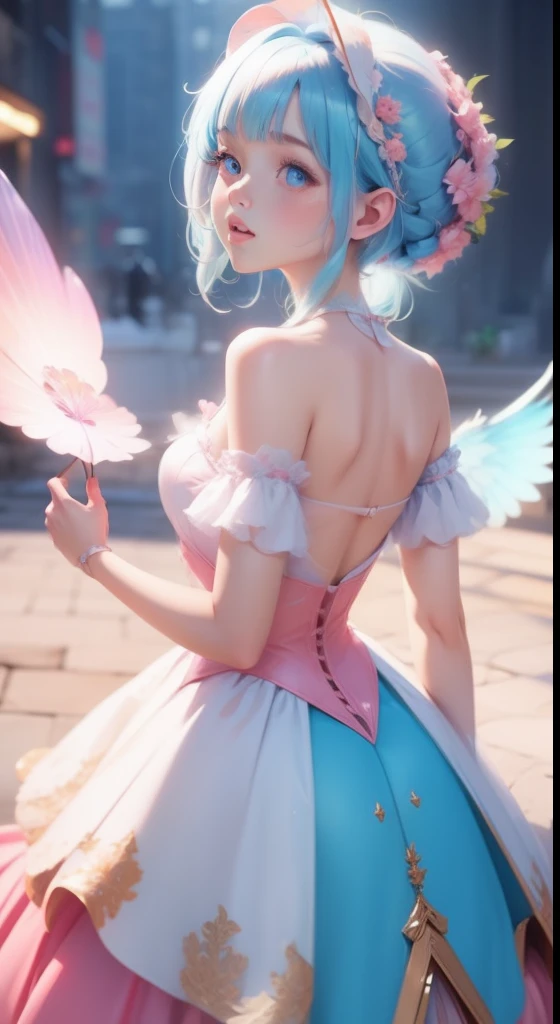 Girl，Carry it on your back，Beautiful princess dress，2 pairs of wings on the back，Transparent princess dress，Excellent figure,Shoulder and above image