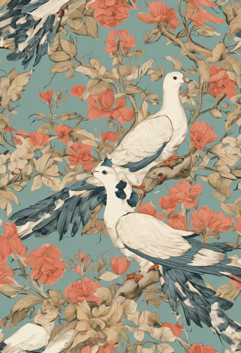 There are two white pigeons sitting on a tree branch on a floral wallpaper, chinoiserie pattern, papel de parede!, papel de parede chinoiserie, design de papel de parede, papel de parede bonito, inspirado em Michel Delacroix, papel de parede oriental, inspirado em William Morris, Directed by: Jeka Kemp, papel de parede nas paredes, pombos. intrincado