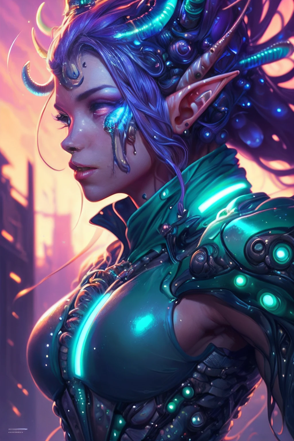 Amazing anatomy, (beautiful female Elf Biopunk), close-up cowboy shot, shiny skin, dynamic pose, biopunk city background, (slimy, organic, glistening, bioluminescence), (64k ultra hd:1.1), (art by apterus, art by dan mumford, art by lovecraft:1.2), best quality, cgsociety, trending on ArtStation.