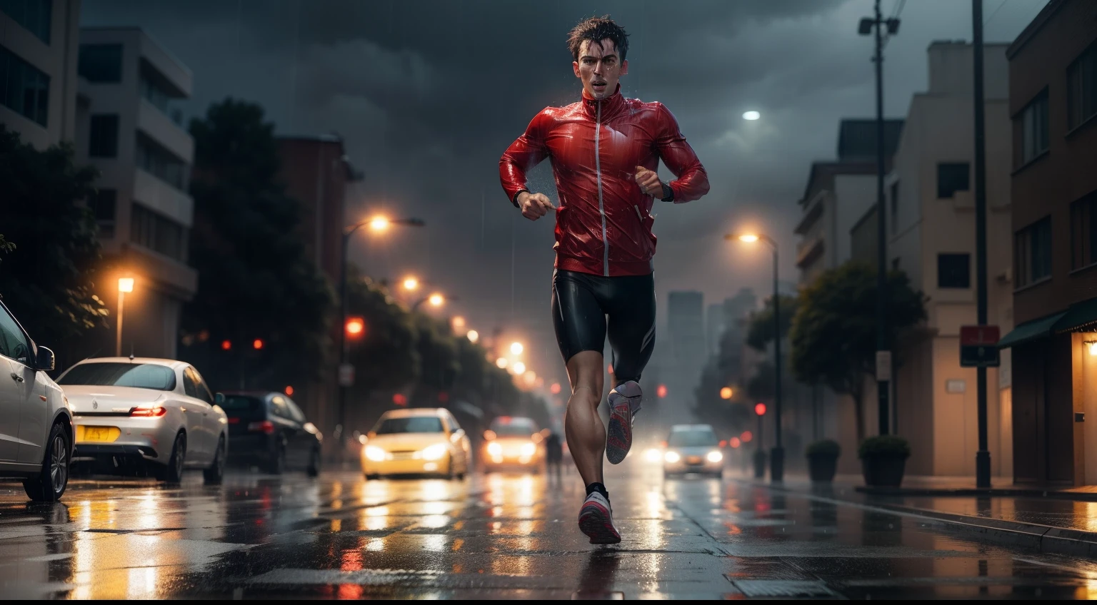 Man running in the rain.