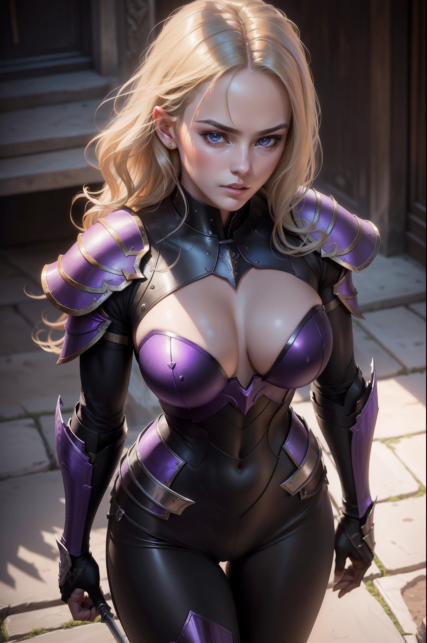 8K,Photorealsitic Raw photography top-quality;1.4) 1girl in) Super beauty (Lifelike face) (masutepiece, Best Quality, Photorealistic, hight resolution, Photography, :1.3), Very close-up shot, Sharp Focus, 1 Blonde Curled Girl, European Girl, hotmodel, Highly detailed eyes and pupils, Realistic skin, Slim body shape, cleavage, very detail hair,muscular body Delicate sexy face, Organoleptic gas, shiny lips, ((Black and purple armor)), muscular slender lower body Black pants and armor Hold a big sword plein air, ((Realistic, Super realistic, Realism, realistic detail)) enticing 超A high resolution A hyper-realistic beautiful expression (real looking skin)