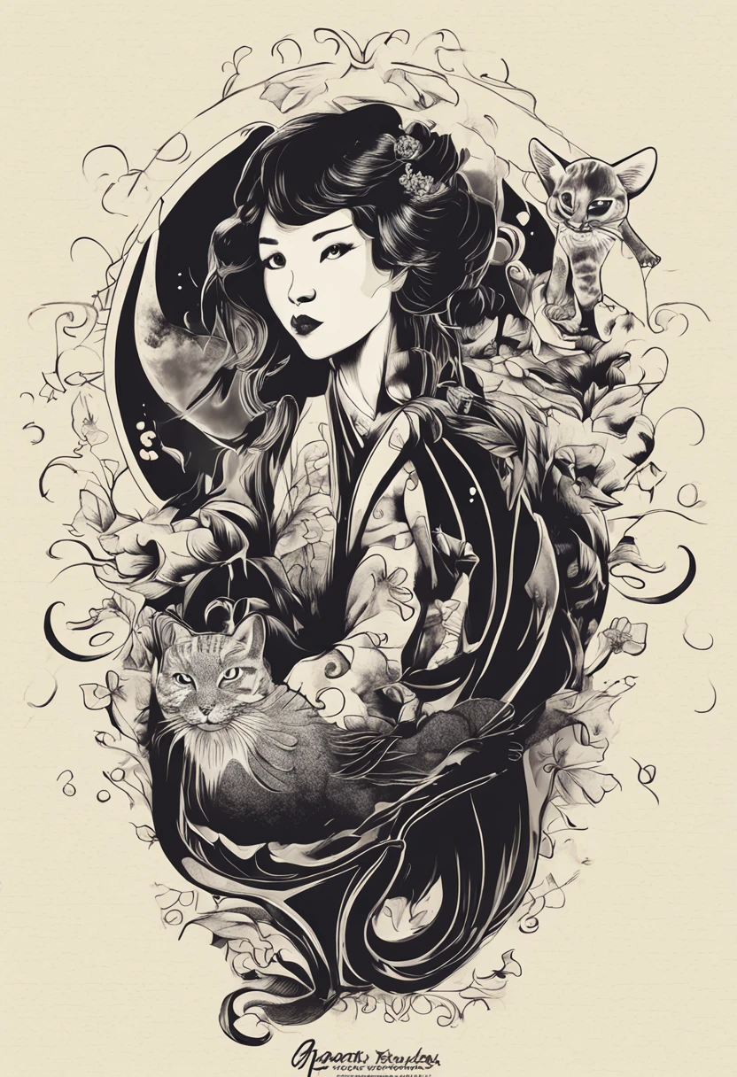 Gato preto, fofo, desenho, olhos fofos, alta qualidade, foto opaca, Japanese drawing style
