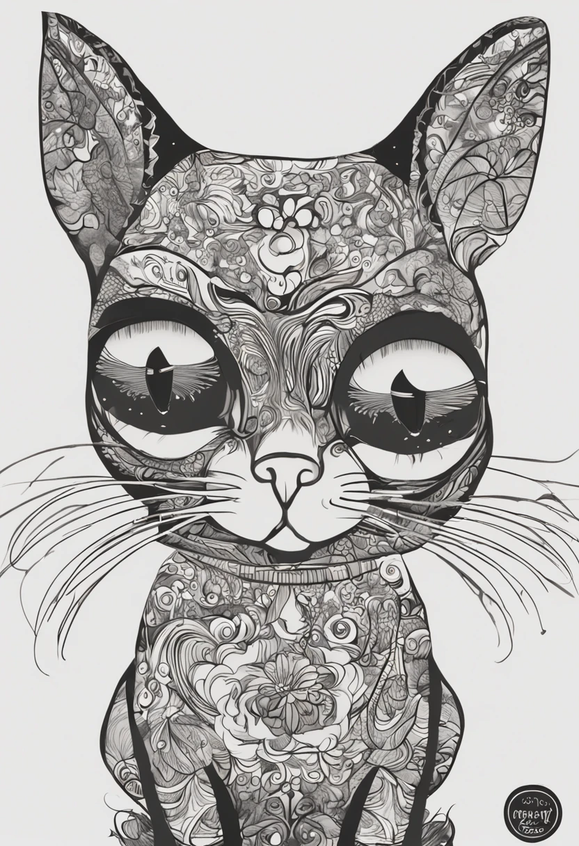 Gato preto, fofo, desenho, olhos fofos, alta qualidade, foto opaca, Japanese drawing style