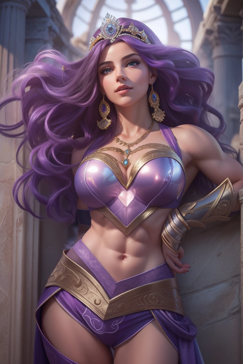 ( Masterpiece, 4k resolution, ultra-realistic, very detailed) sexy Aphrodite, purple hair with cosmic Ancient Greek armor, wears a tiara with a heart in the center, midriff has the Venus symbol on her abs   full body in the style of realism, glistening skin, , natural lighting, Defined full lips. fitness feminine body. portrait photography by artgerm, in the style of realism, glistening skin, , natural lighting, Defined full lips. Muscular fitness feminine body,