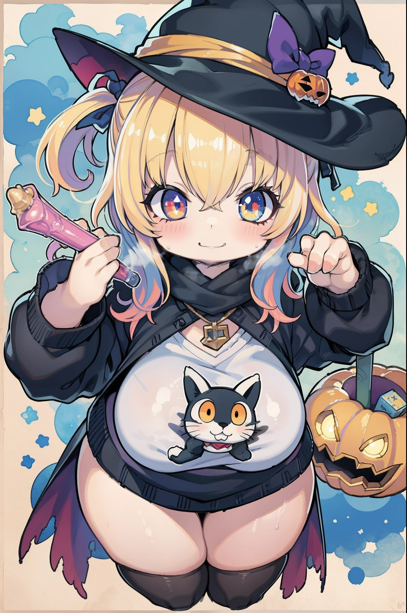 Charming Halloween 12 year old witch,, Cartoon style, 2D, planar vector, T-shirt design, Colorful splashes, Fantasy Art, Watercolor effect,Digital Painting, white bg, 8K