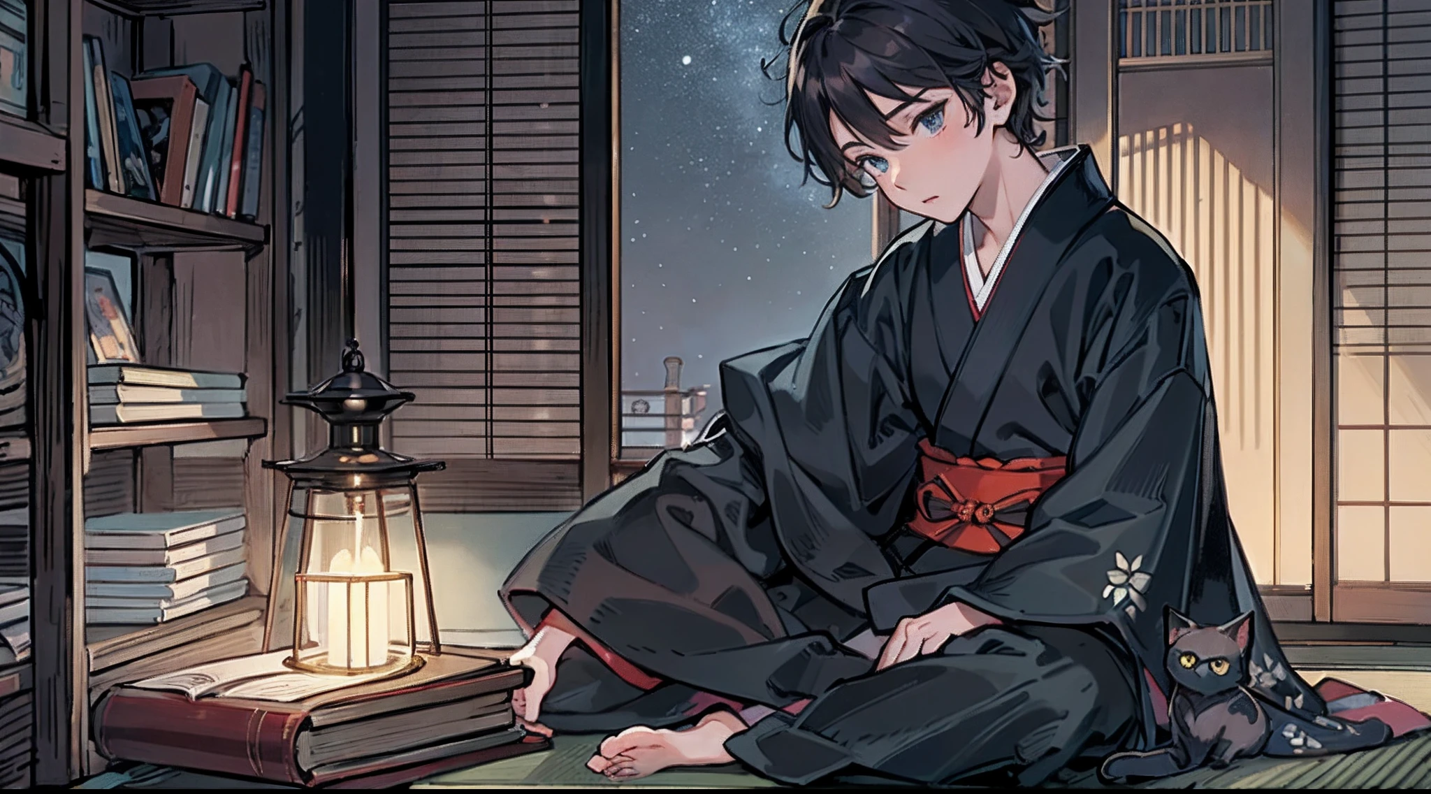 #Quality (intricate-detail、ultra-detailliert:1.2,Masterpiece),
#night sky (darkness of night,no light),
#one writing boy ( male、writer,Honor Students、A dark-haired、short-hair、hakama,sit flat),
#black room at night (no light,black cat,wooden low table,one candle,pretty tatami,a lot of books,bookshelf)