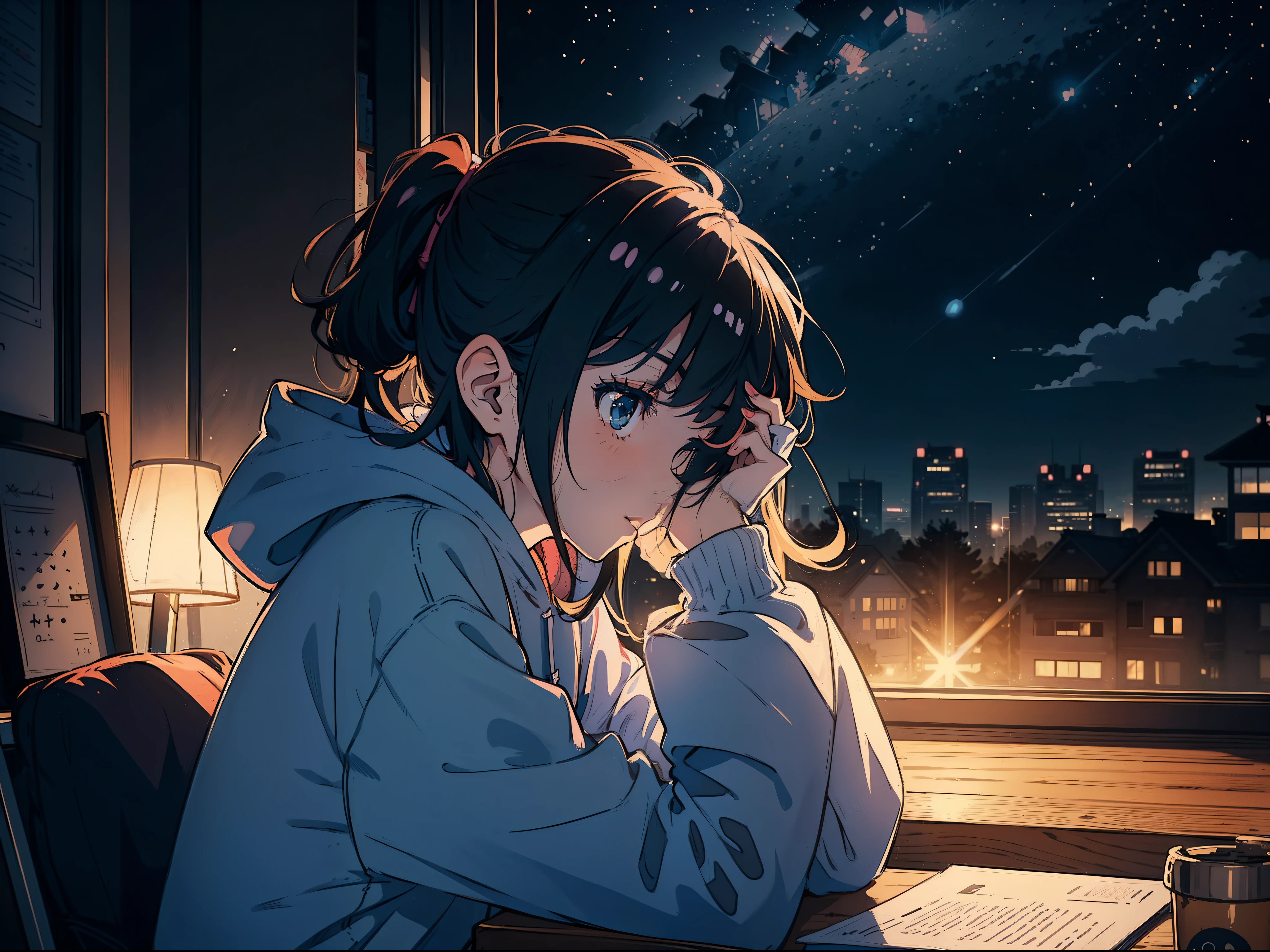 An anime girl wearing a hoodie,((1girl:1.4)), messy hair, studying in her room, sitting at her desk, looking at something, winter night, (2d illustration:1.2), (1girl:1.3), ((chill vibes)), night, ((sideview:1.4))