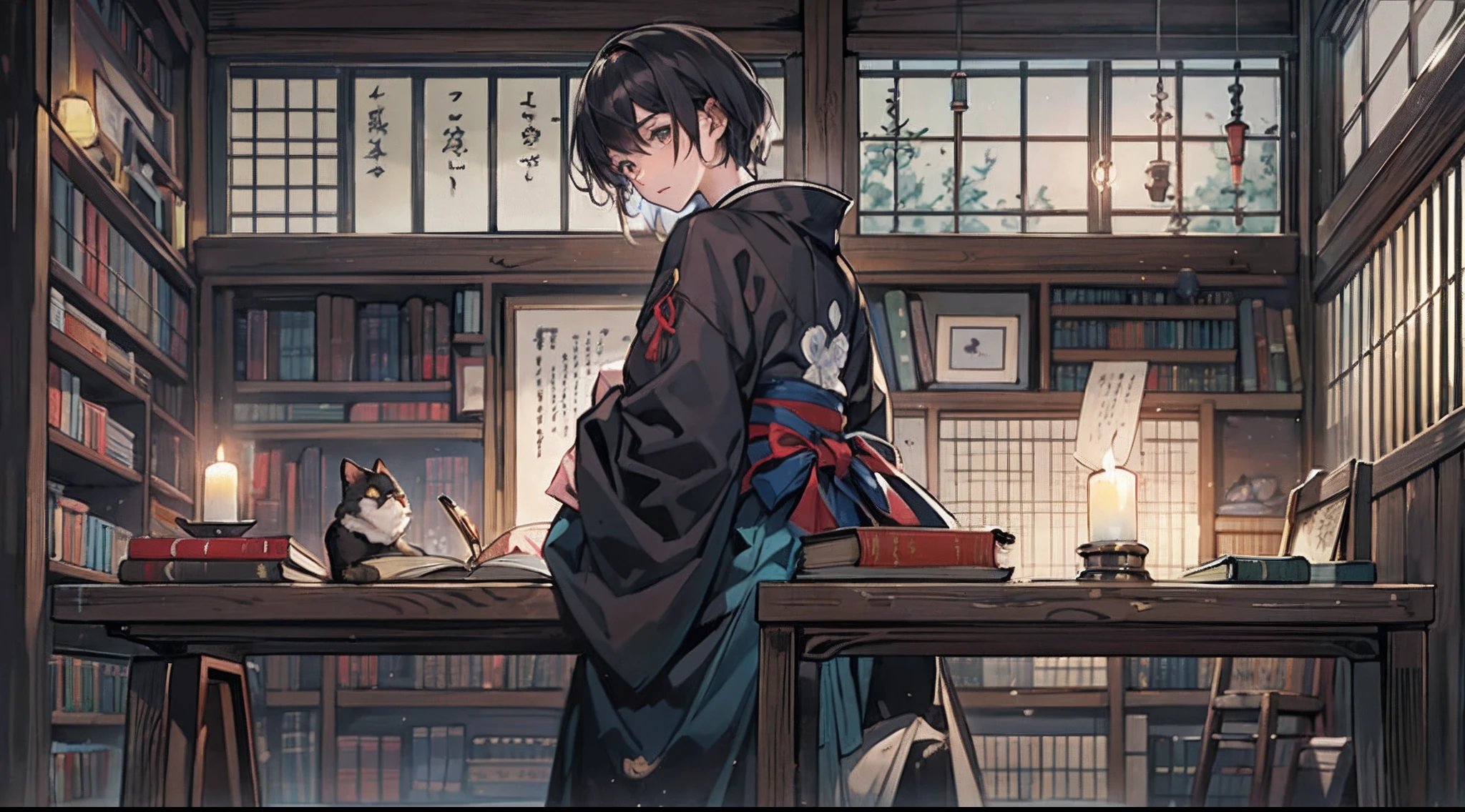 #Quality (intricate-detail、ultra-detailliert:1.2,Masterpiece),
#night sky (darkness of night,no light),
#one writing boy ( male、writer,Honor Students、A dark-haired、short-hair、hakama,sit flat),
#black room at night (no light,black cat,wooden low table,one candle,pretty tatami,a lot of books,bookshelf)